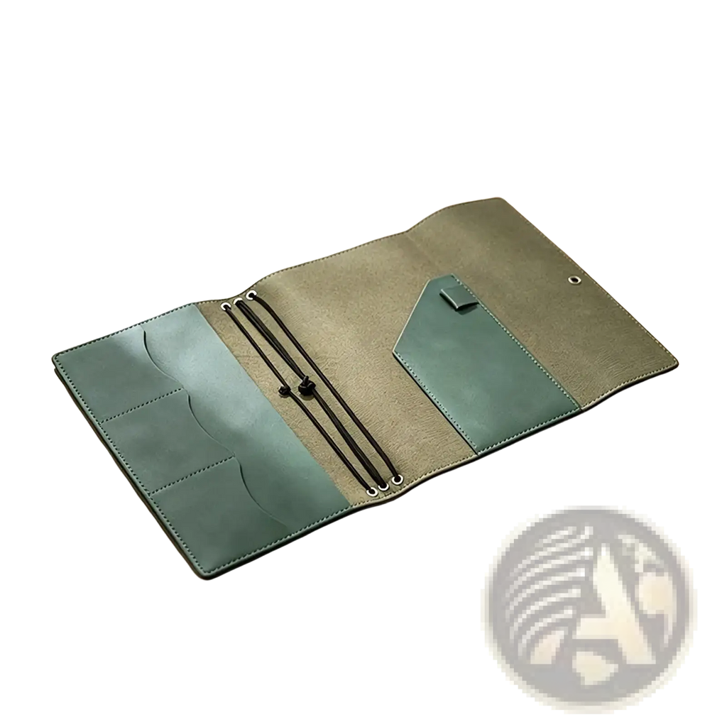 Olive green pu leather refillable travel journal cover planner with multiple card slots and a small pocket