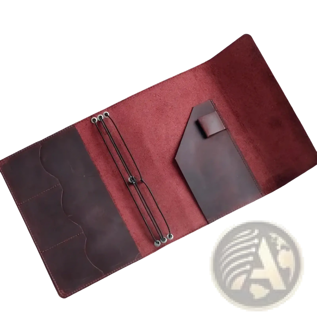 A rich burgundy pu leather refillable travel journal cover planner with dark brown accents and suede-lined interior