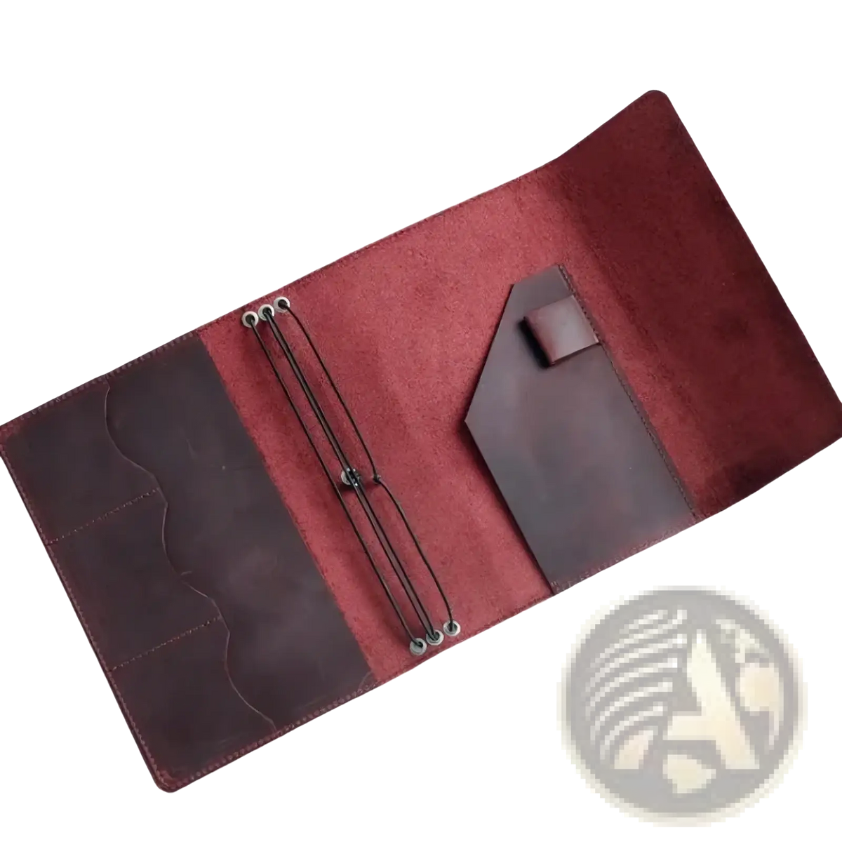 A rich burgundy pu leather refillable travel journal cover planner with dark brown accents and suede-lined interior