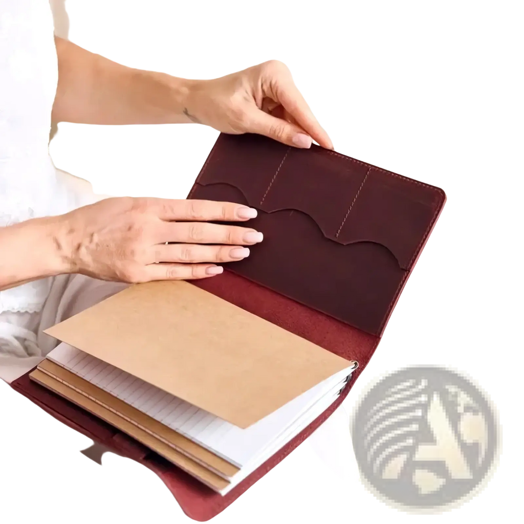Pu leather refillable travel journal cover planner in rich burgundy with structured interior and three card slots