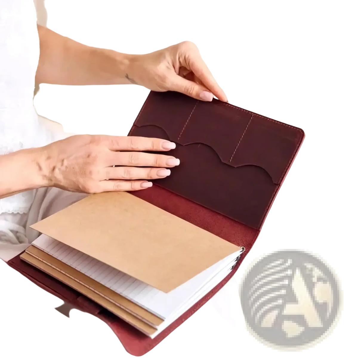 Pu leather refillable travel journal cover planner in rich burgundy with structured interior and three card slots