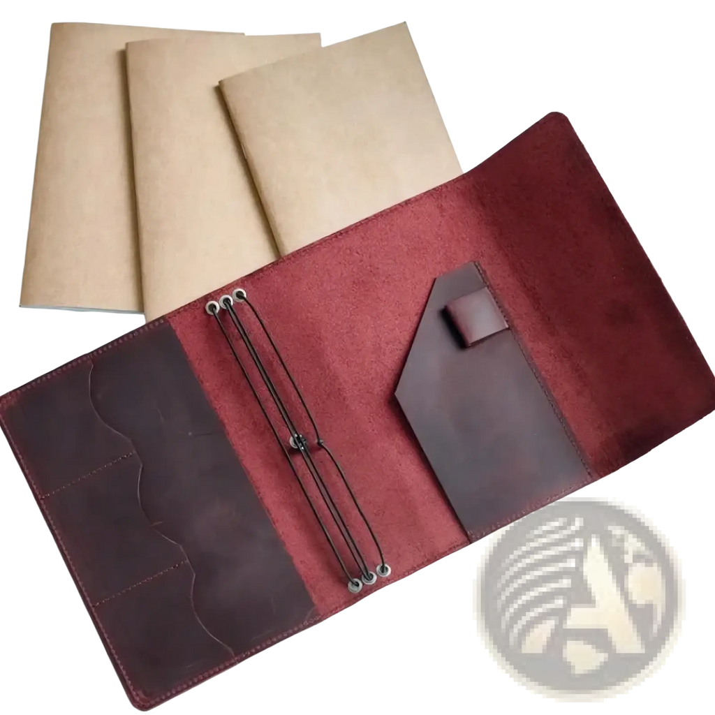 Pu leather refillable travel journal cover planner in rich burgundy with dark brown interior and metal grommet straps