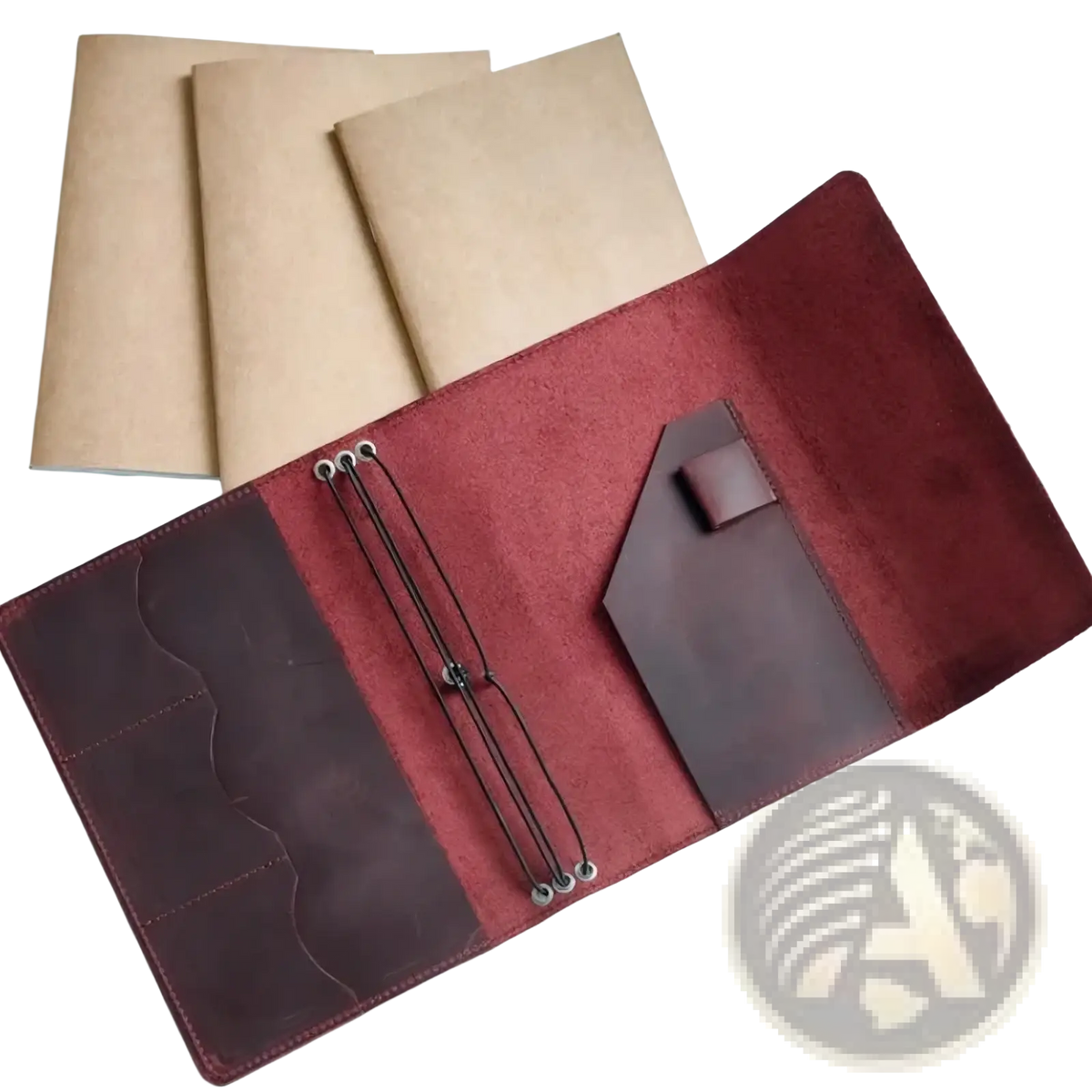 Pu leather refillable travel journal cover planner in rich burgundy with dark brown interior and metal grommet straps