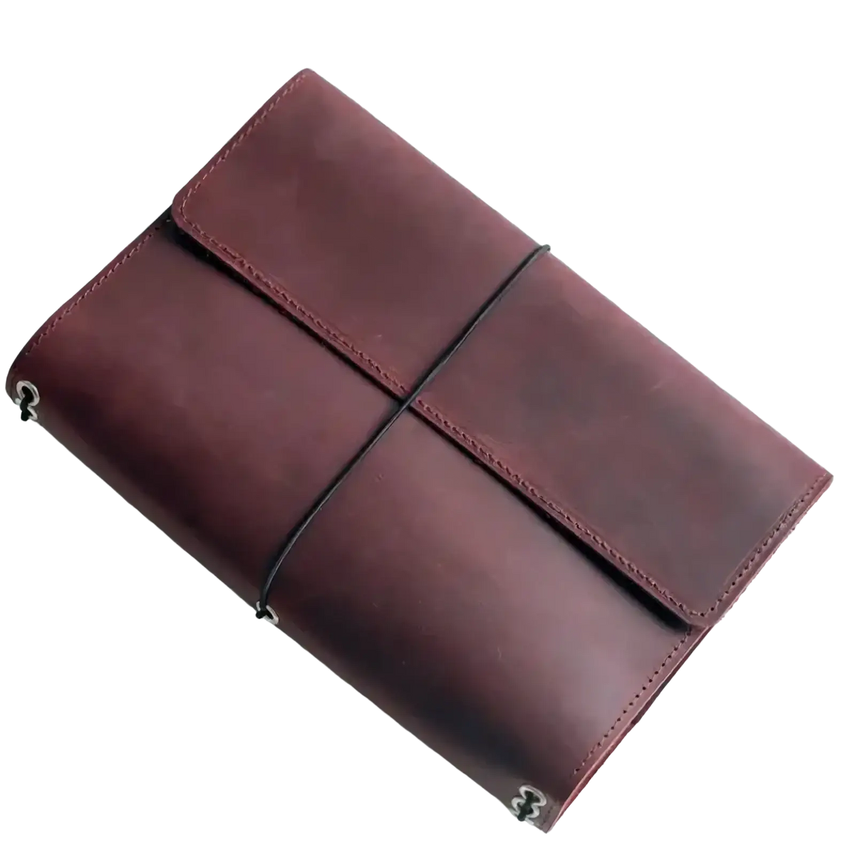 A rich burgundy PU leather refillable travel journal cover planner with minimalist design and black elastic band closure