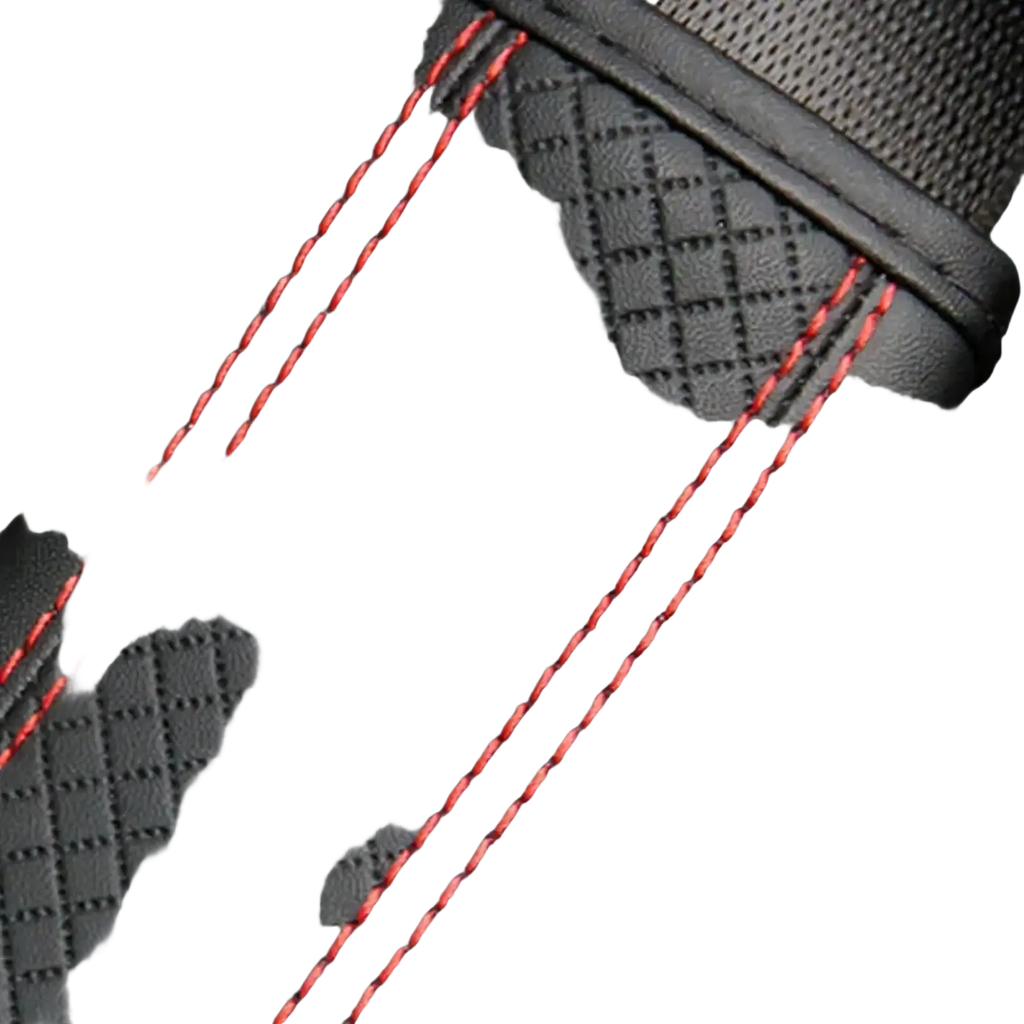 Black pu leather seat belt pad with red stitching and textured grid pattern for car safety and comfort