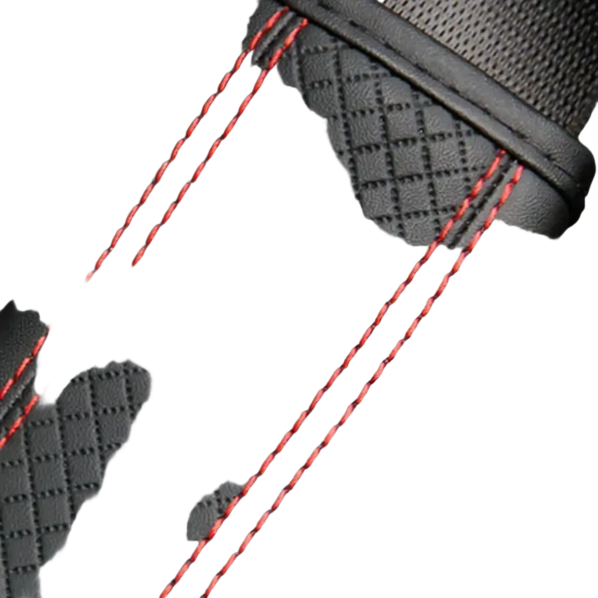 Black pu leather seat belt pad with red stitching and textured grid pattern for car safety and comfort