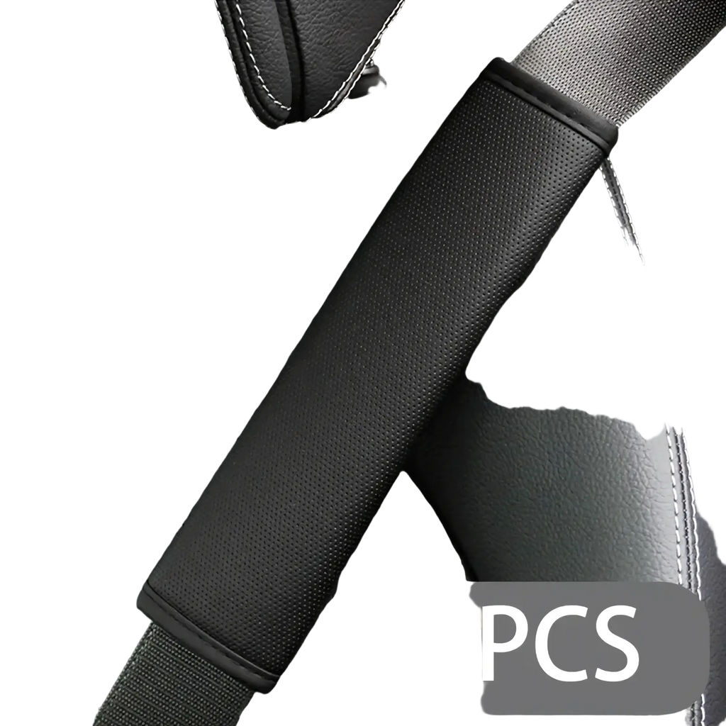 Black perforated pu leather seat belt pad with red stitched edges for automotive use