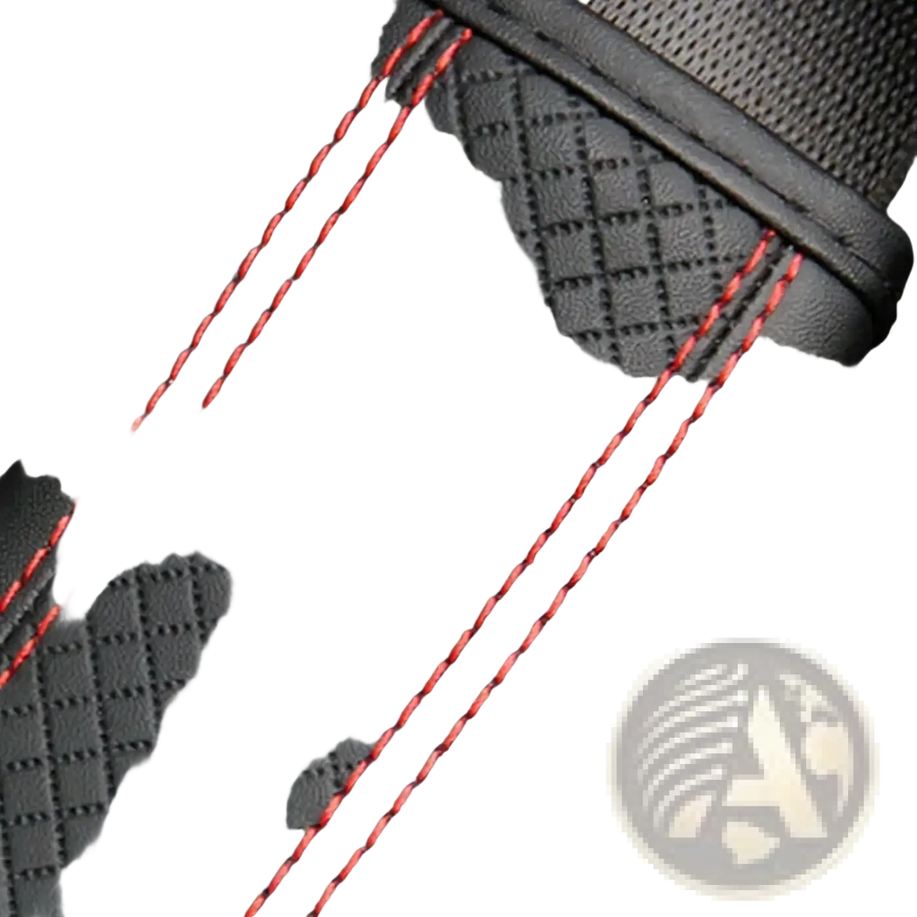 Black pu leather seat belt pad with red stitching and textured grid pattern for car safety and comfort