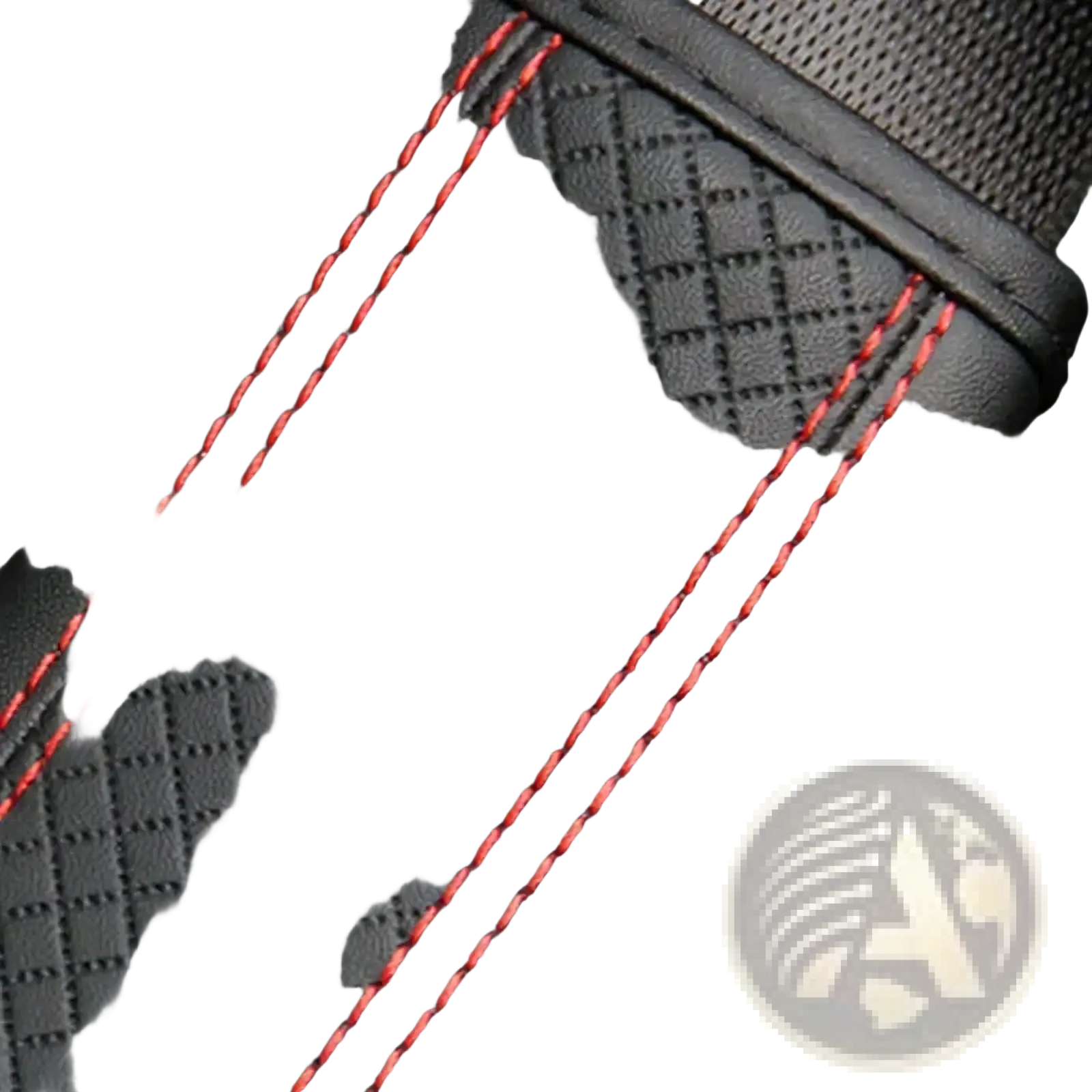 Black pu leather seat belt pad with red stitching and textured grid pattern for car safety and comfort
