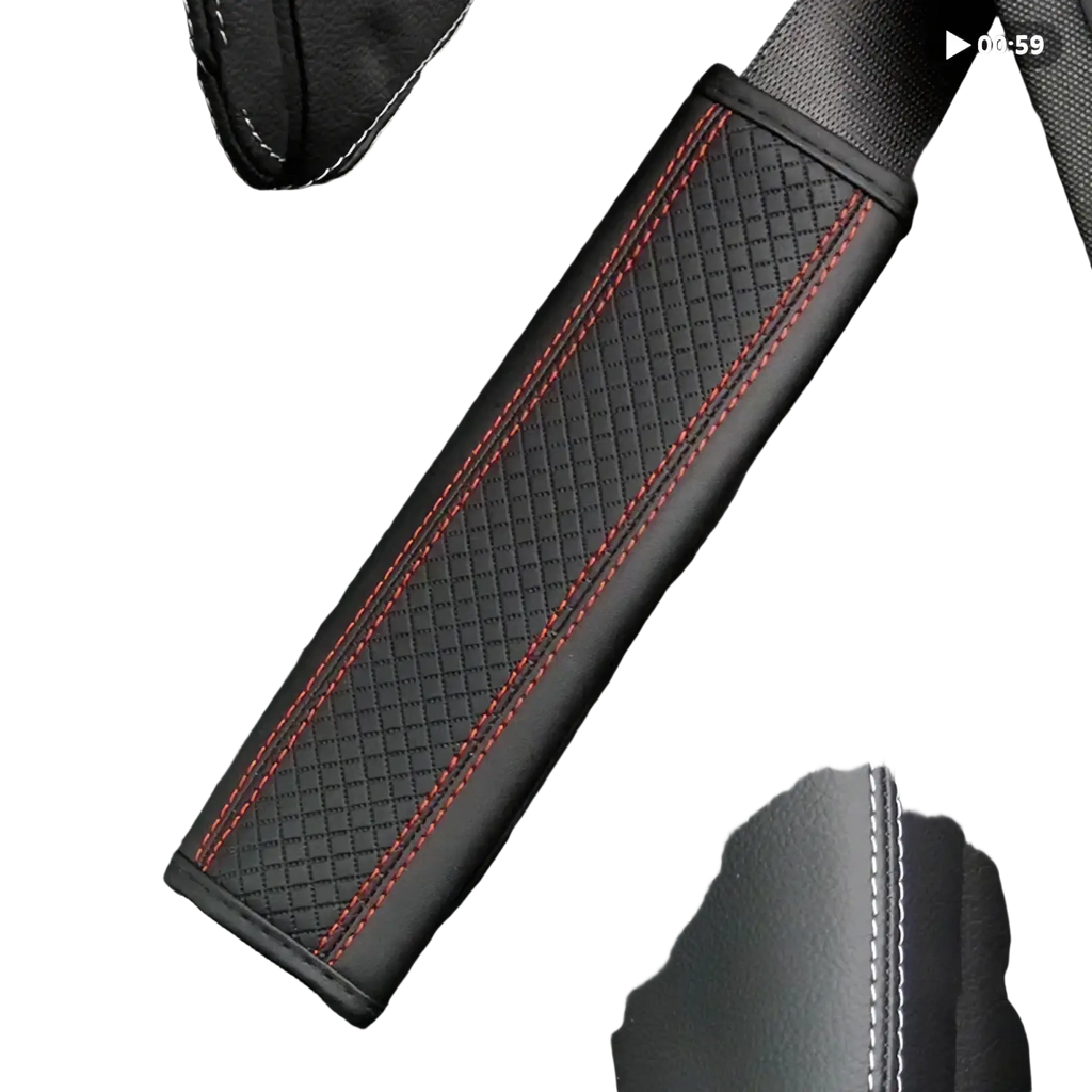 Black pu leather seat belt pad with red stitching and subtle diamond pattern for enhanced comfort and style