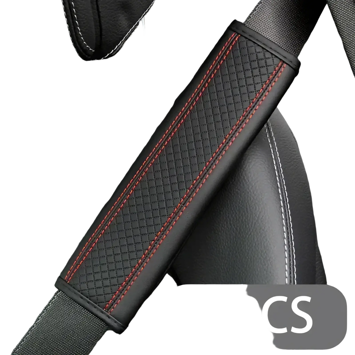 Black pu leather seat belt pad with red stitching featuring a textured surface and subtle diamond pattern