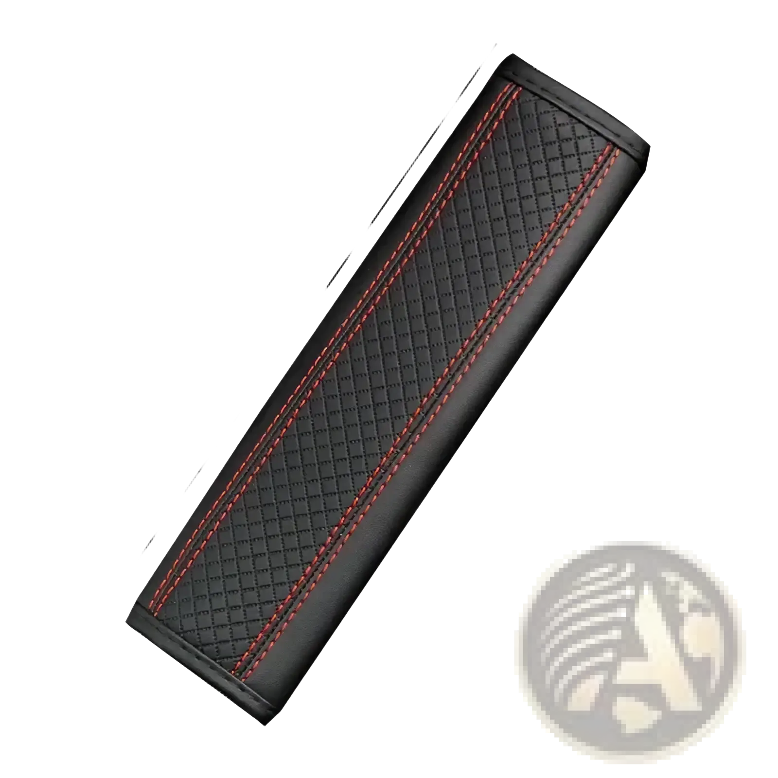 Black pu leather seat belt pad with red stitching along the edges for enhanced comfort and style in vehicles