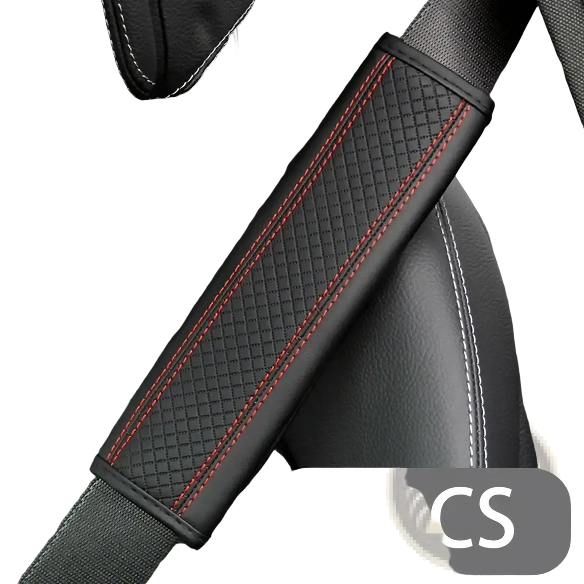 Black pu leather seat belt pad with red stitching featuring a textured surface and subtle diamond pattern