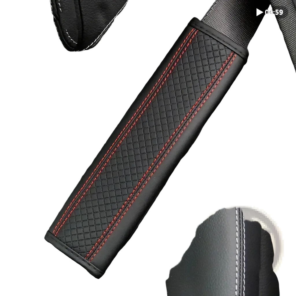 Black pu leather seat belt pad with red stitching and subtle diamond pattern for enhanced comfort and style