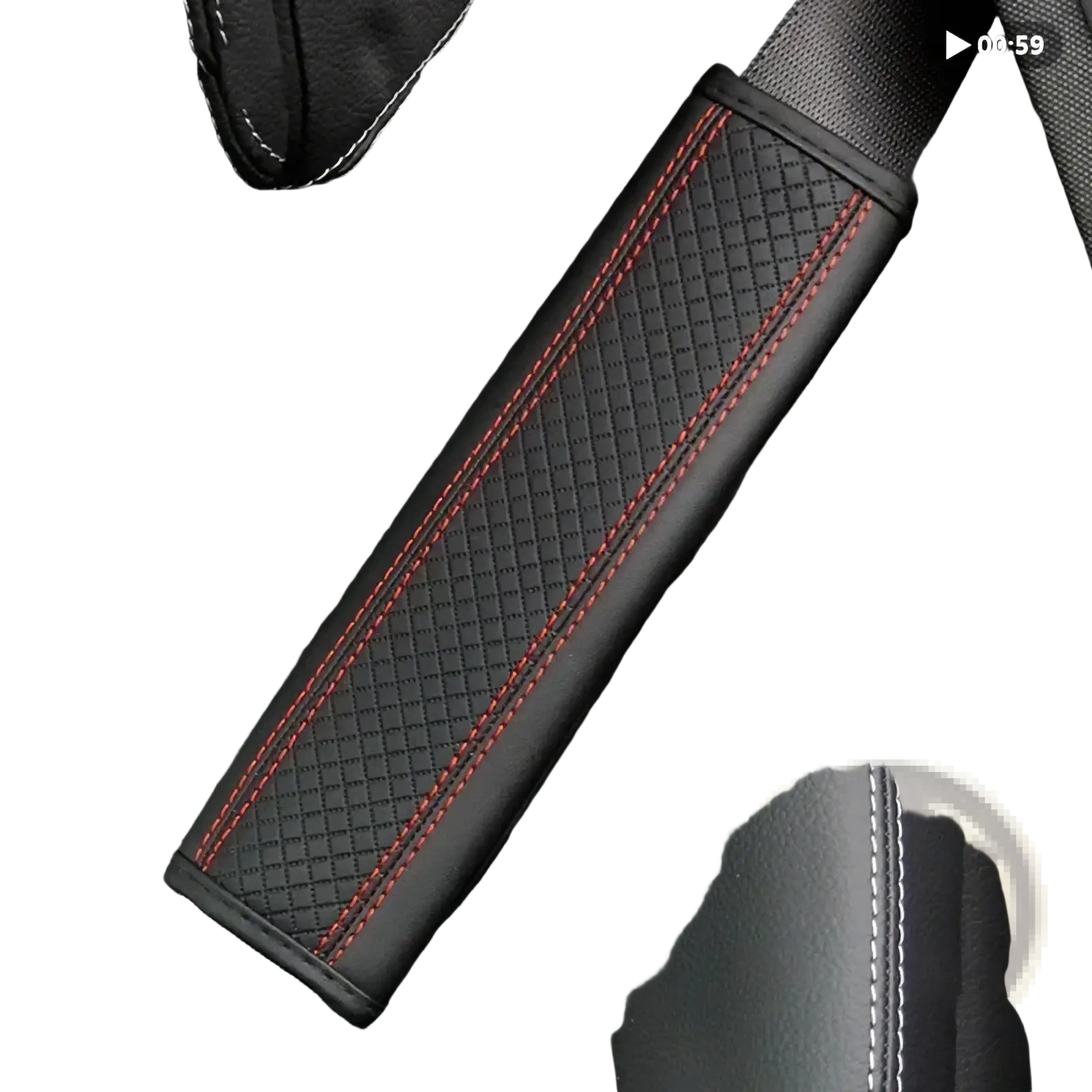 Black pu leather seat belt pad with red stitching and subtle diamond pattern for enhanced comfort and style