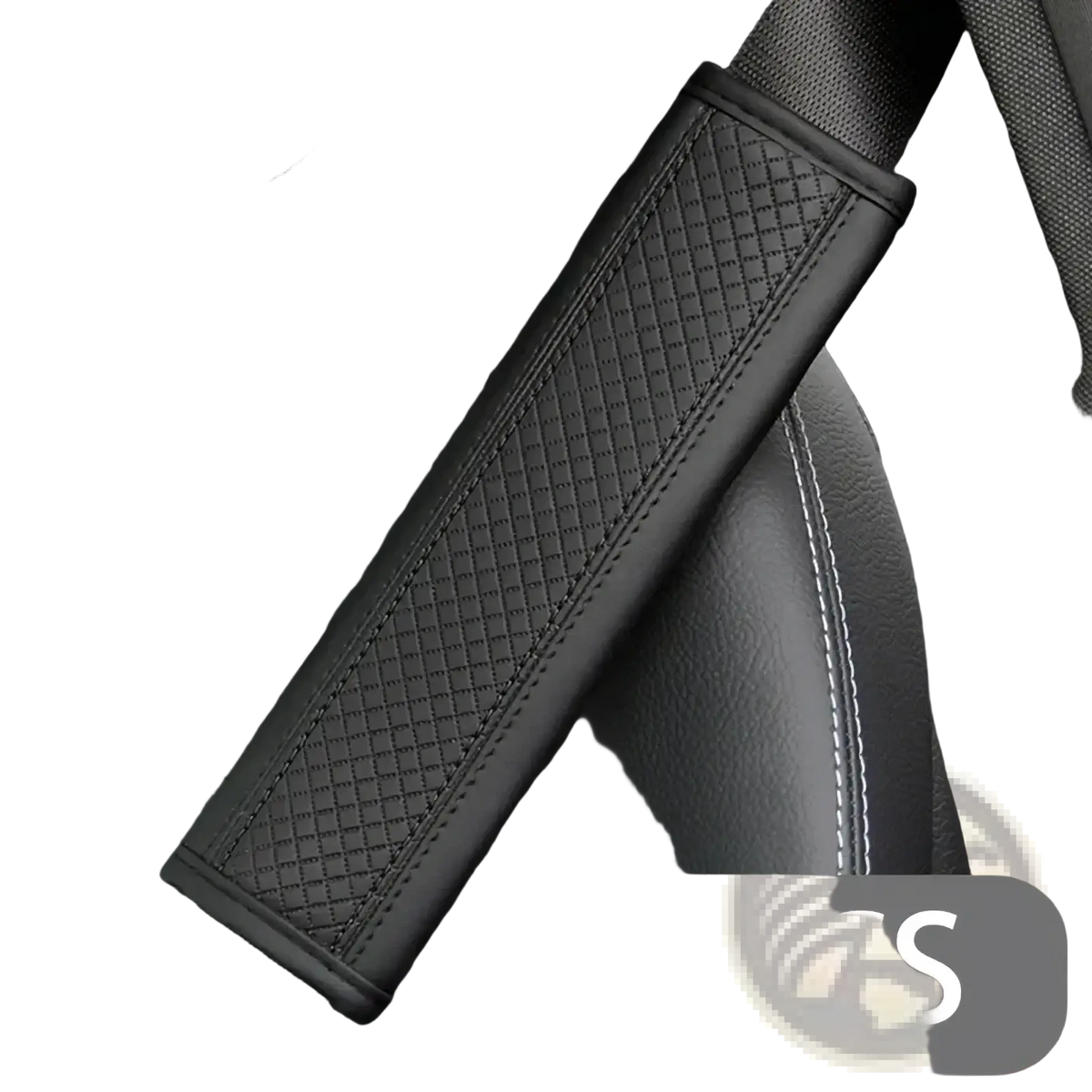 Black pu leather seat belt pad with red stitching featuring a textured diamond pattern and stitched edges