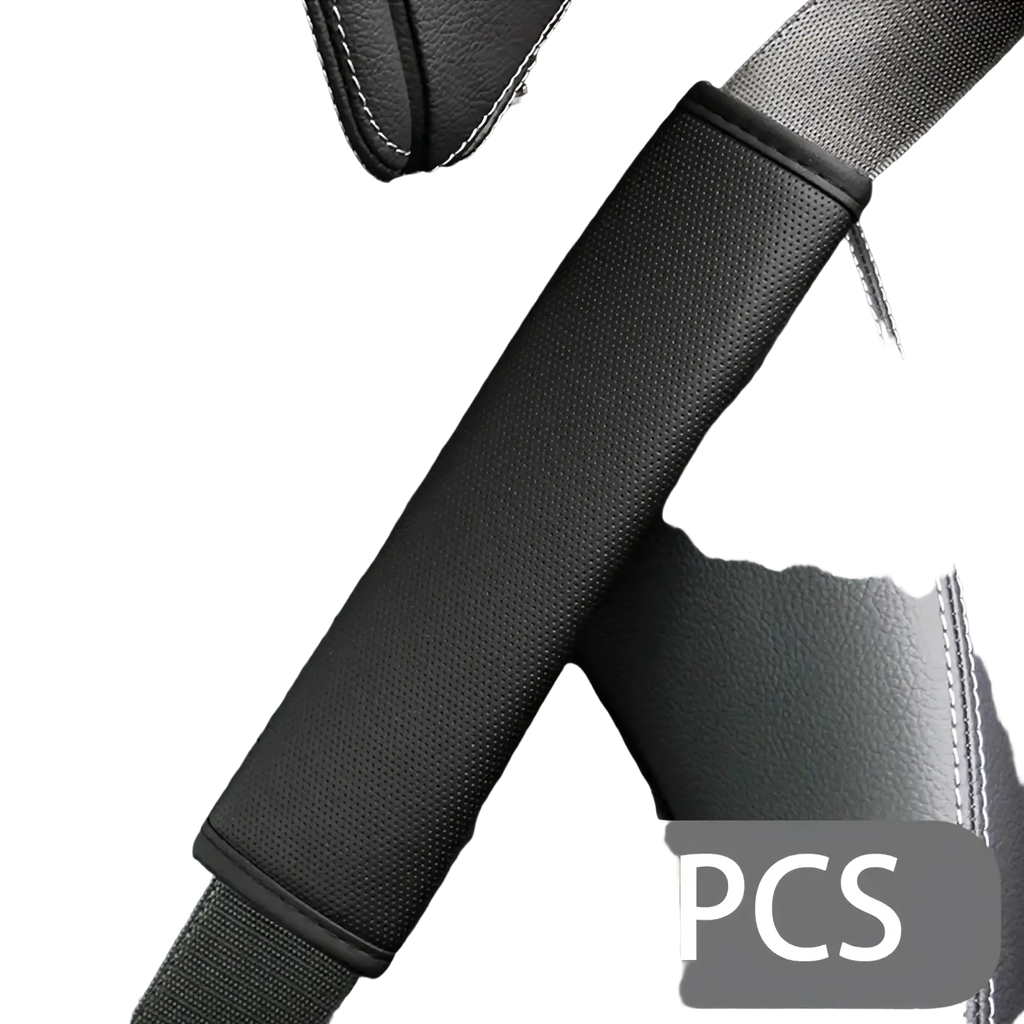 Black pu leather seat belt shoulder cover with red stitched edges padded for comfort and safety