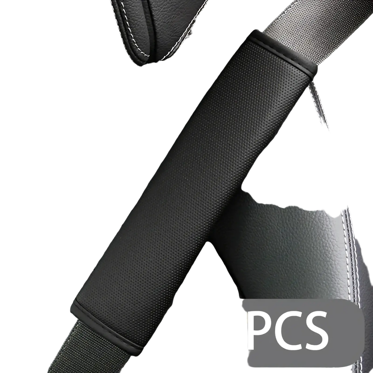 Black pu leather seat belt shoulder cover with red stitched edges padded for comfort and safety