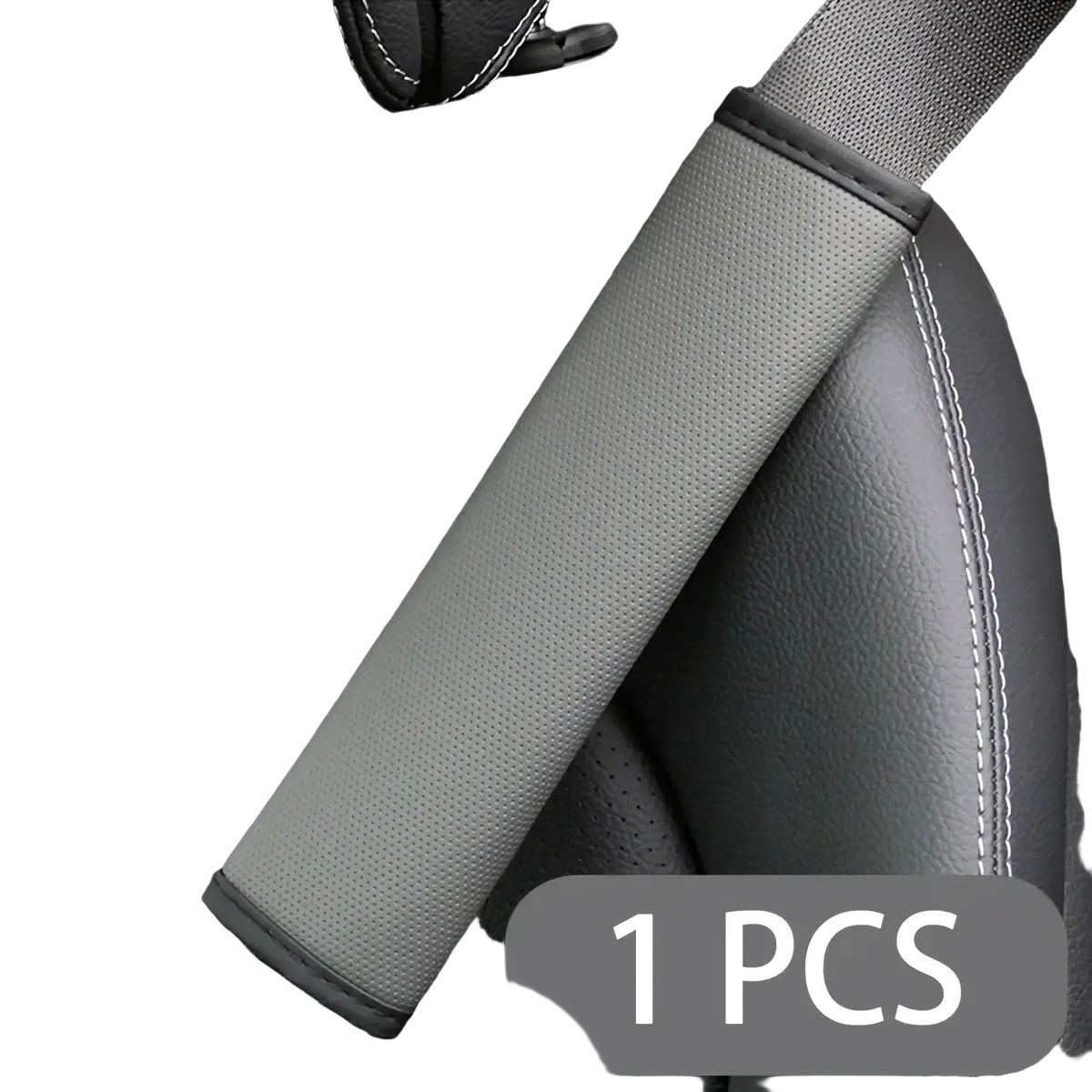 Pu leather seat belt shoulder cover in gray textured fabric with black stitched edges for added comfort and style