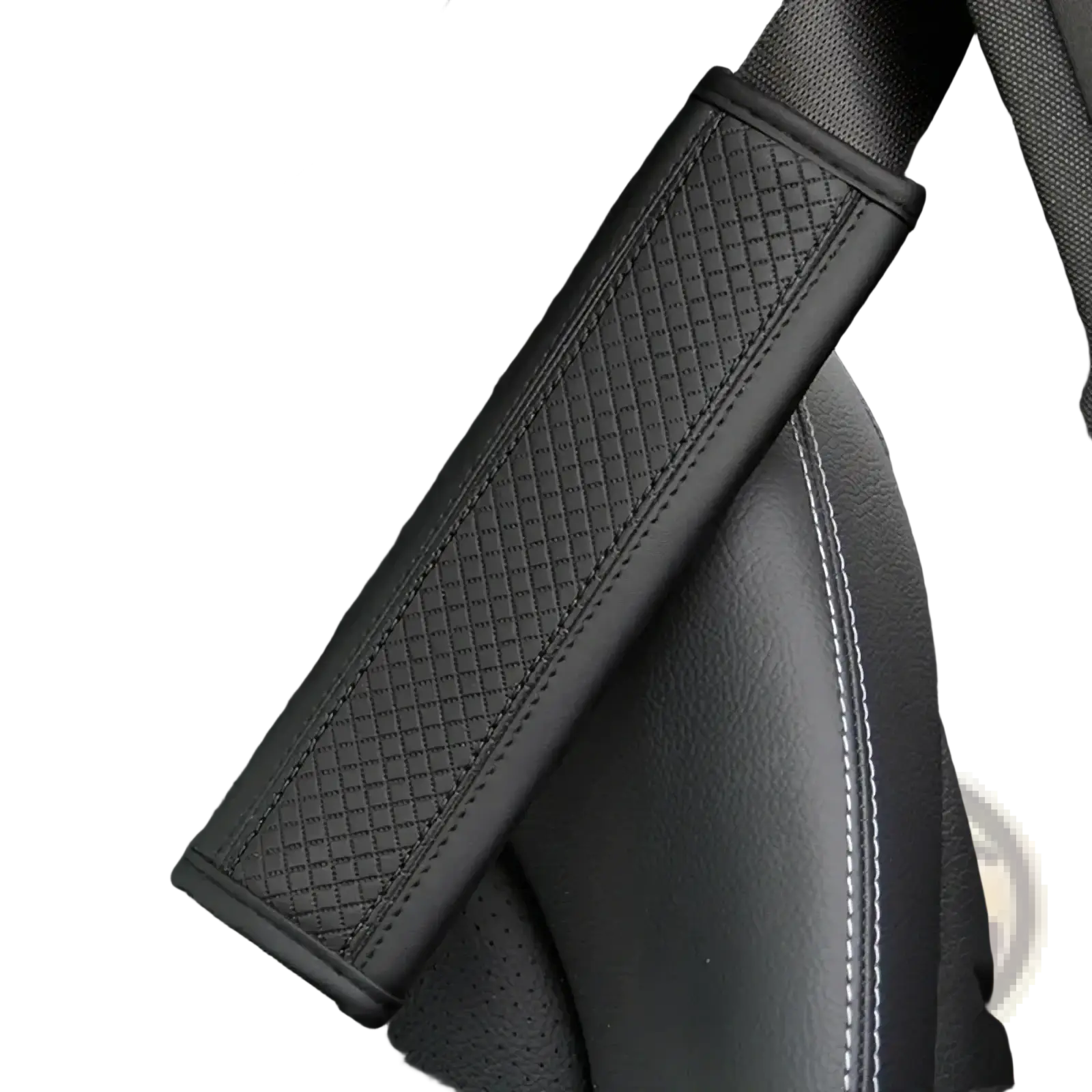 Black pu leather seat belt shoulder cover with diamond-patterned embossing and stitched edges for added comfort