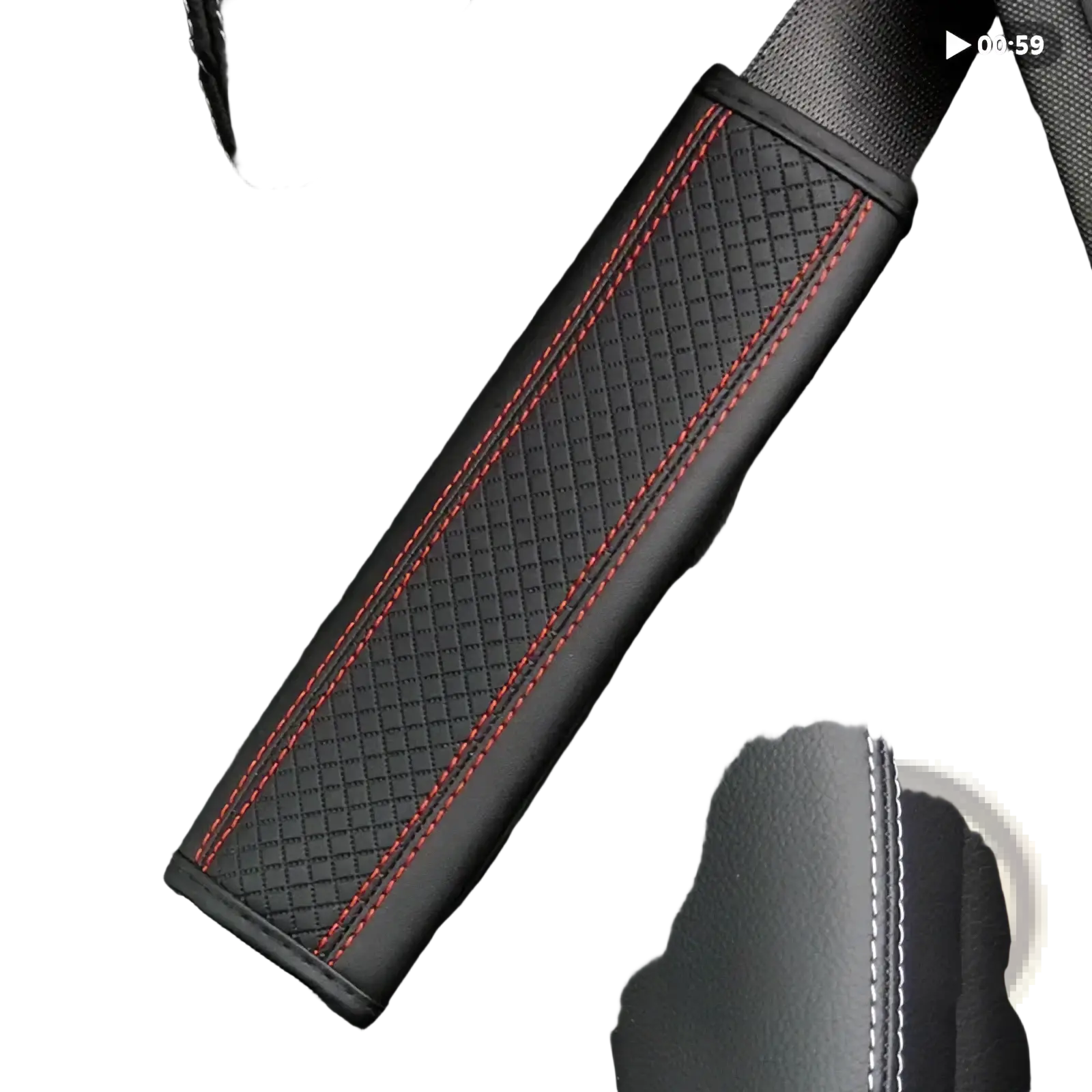 Pu leather seat belt shoulder cover black with red stitching white piping textured design for car safety comfort