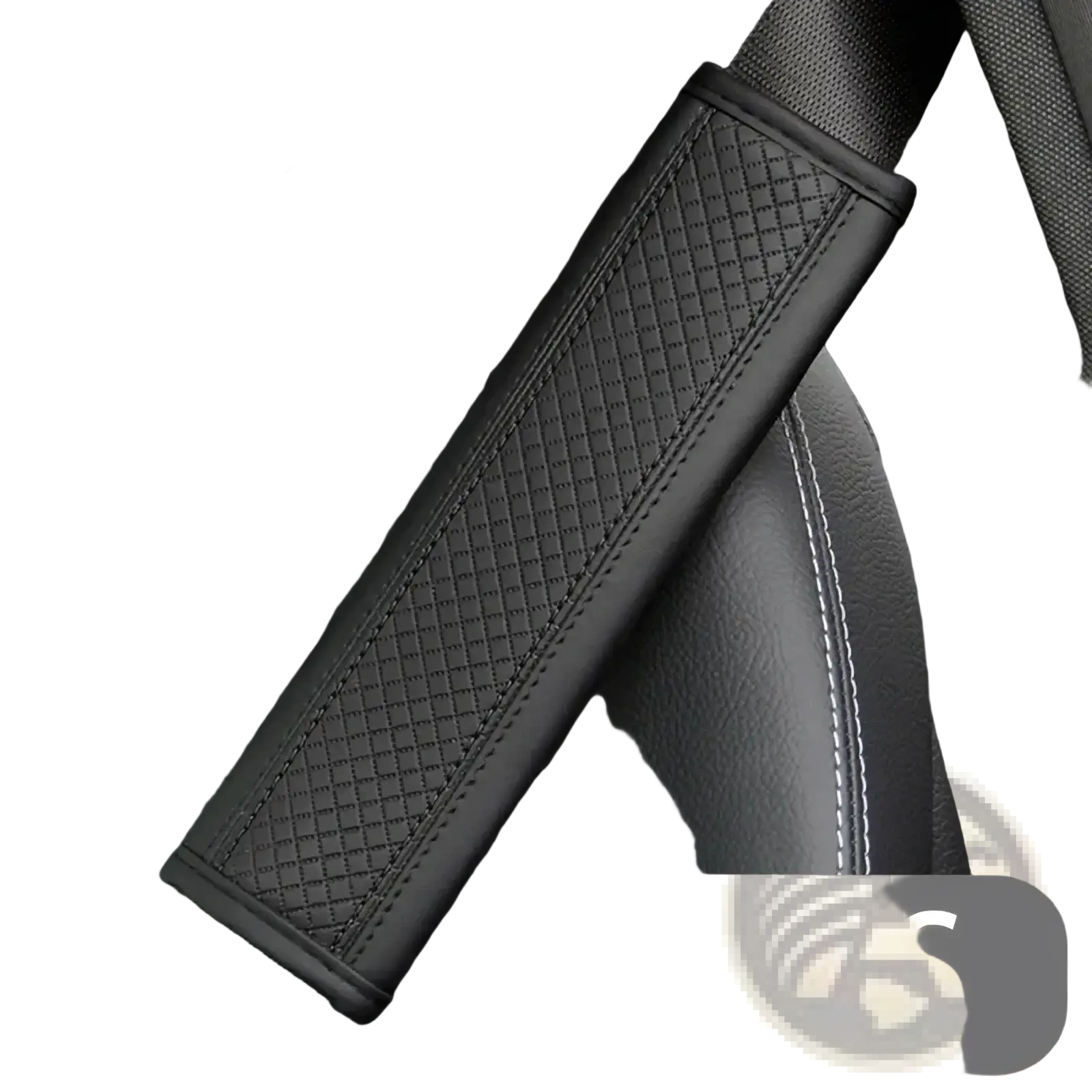 Black pu leather seat belt shoulder cover with red stitching and diamond-patterned textured design