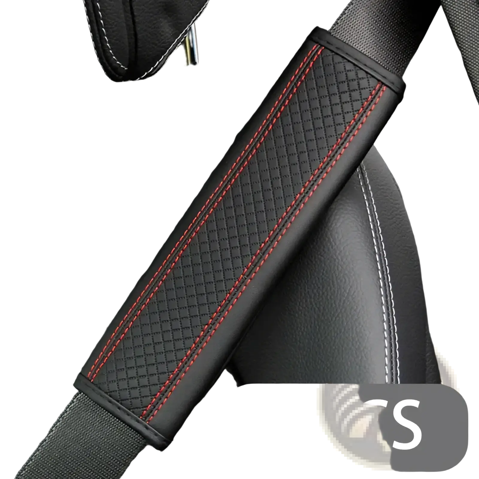 Black pu leather seat belt shoulder cover with red stitching textured diamond pattern for car safety and comfort