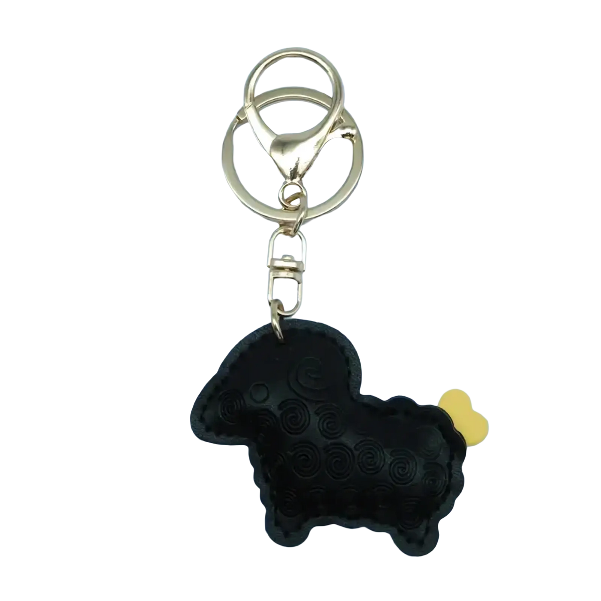 Pu leather sheep keychain bag charm in black with embossed swirl patterns yellow tail and gold-toned metal hardware