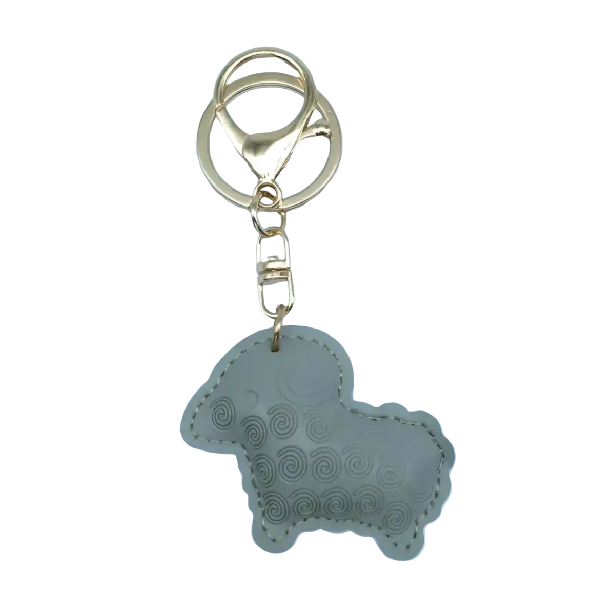Gray pu leather sheep keychain bag charm with stitched edges and spiral patterns on a gold-toned metal clasp