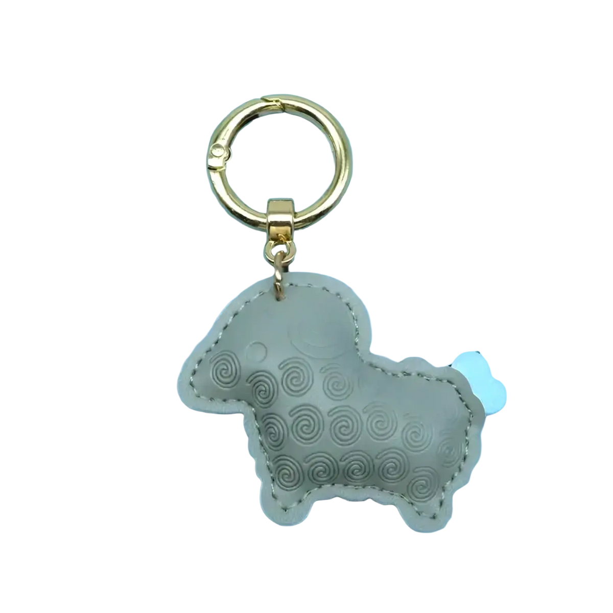 A gray pu leather sheep keychain bag charm with stitched spiral patterns and a gold-tone metal ring
