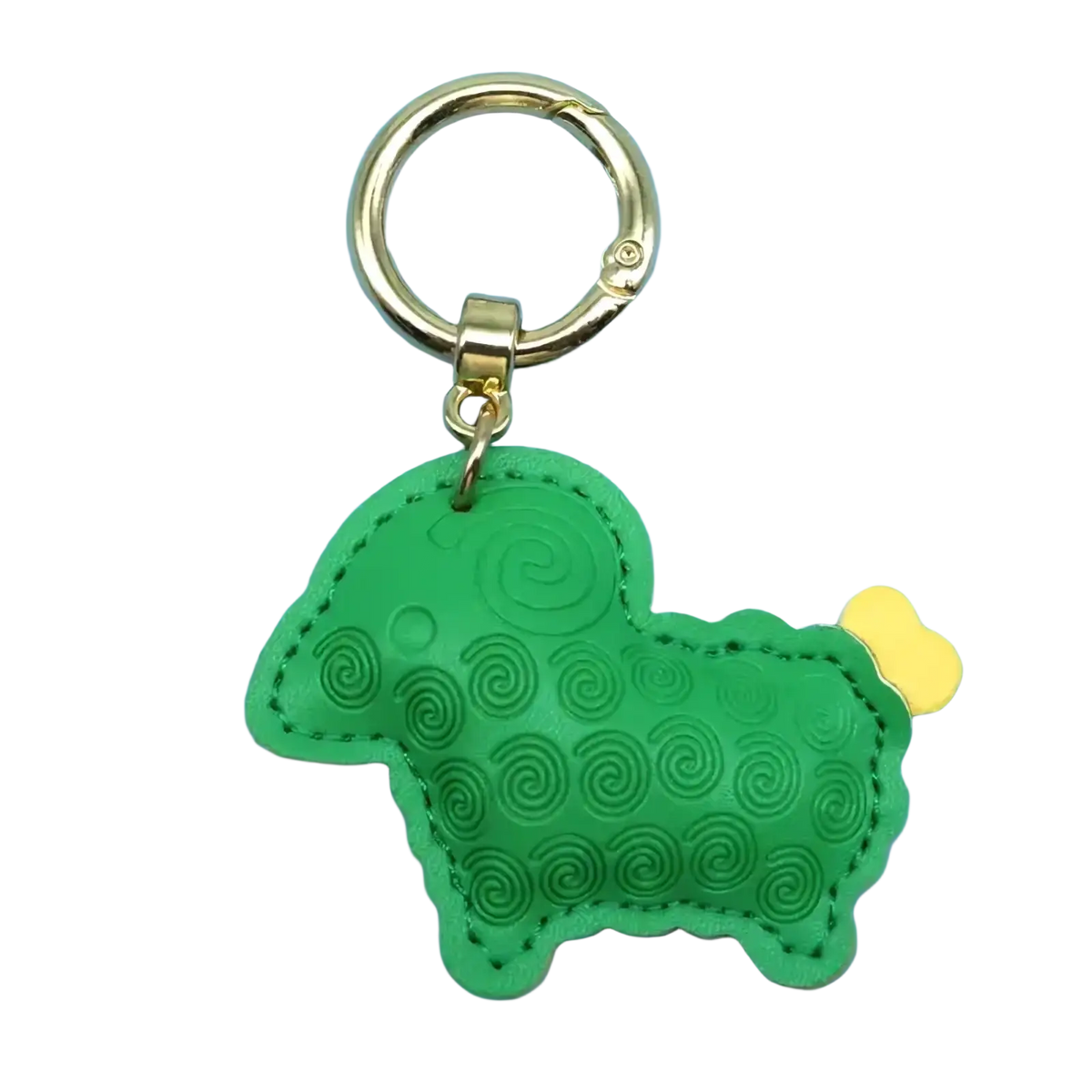 Pu leather green sheep keychain with gold-tone metal ring and yellow bone detail bag charm accessory