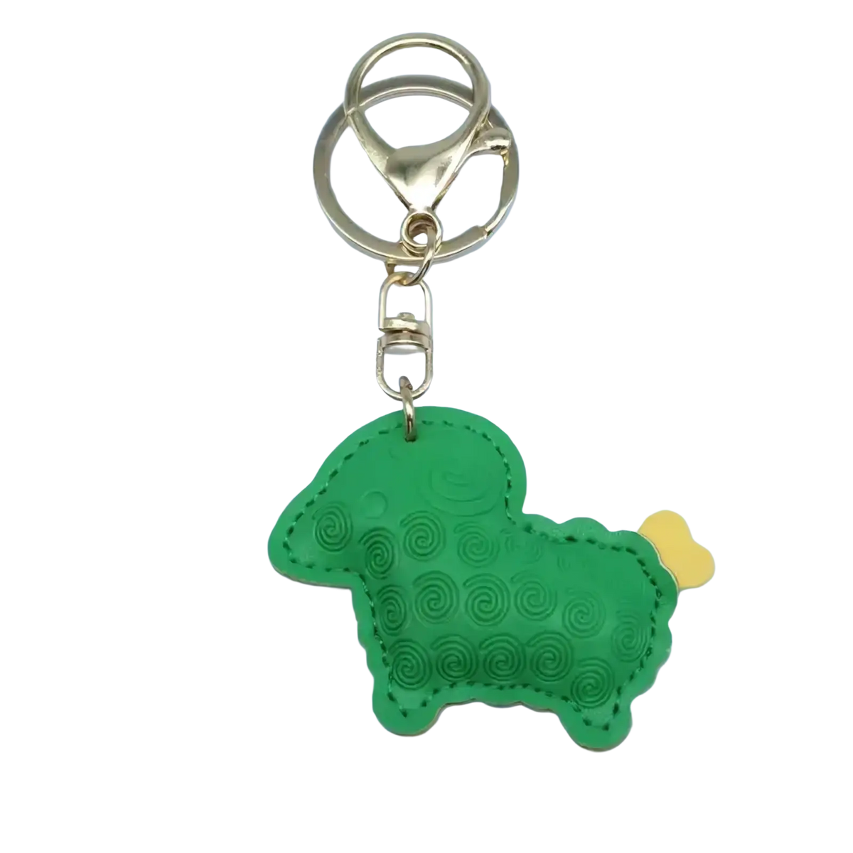 Green pu leather sheep keychain bag charm with gold-tone metal clasp and yellow tail for accessory decoration