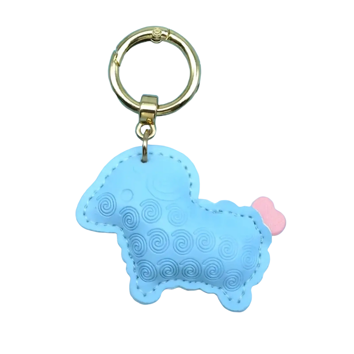 Light blue pu leather sheep keychain bag charm with embroidered swirl patterns and pink heart tail on gold ring