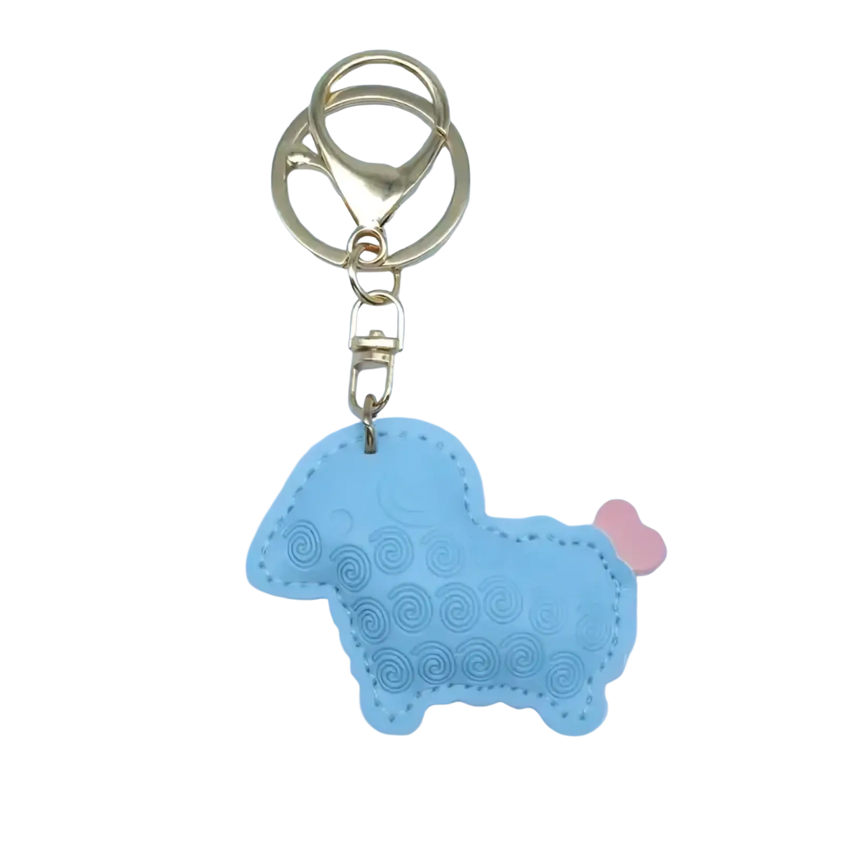 Light blue pu leather sheep keychain with pink heart tail and gold-tone metal clasp bag charm