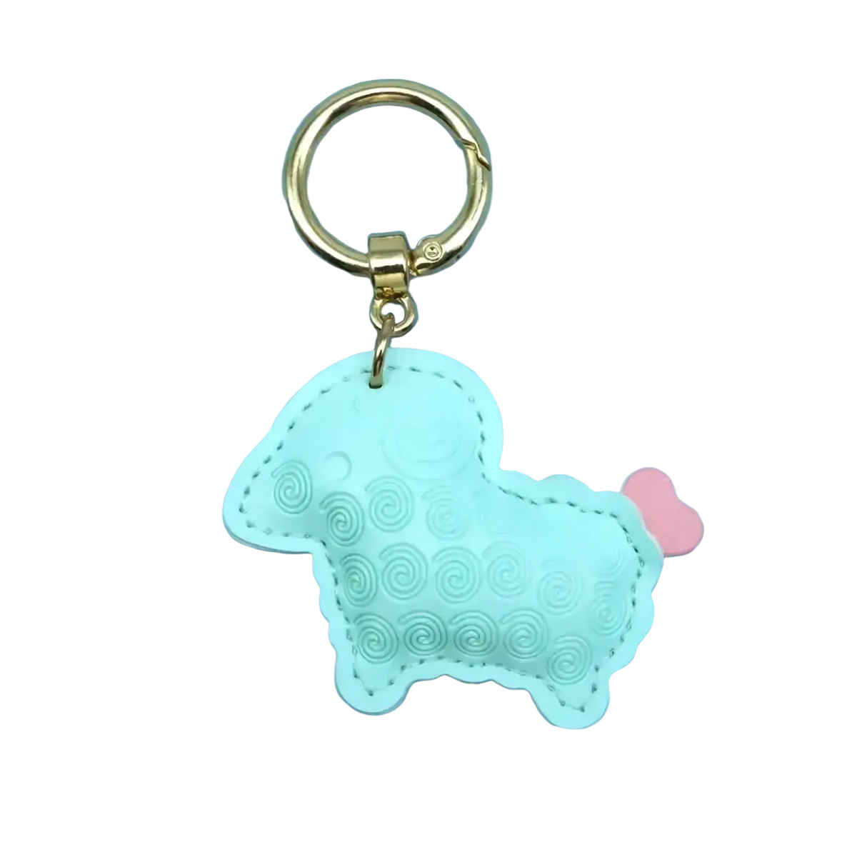 Mint green pu leather sheep keychain bag charm with pink heart tail and gold-tone metal ring