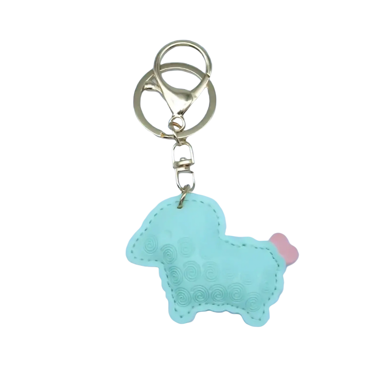 A mint green pu leather sheep keychain bag charm with pink tail stitched details and gold-toned metal hardware