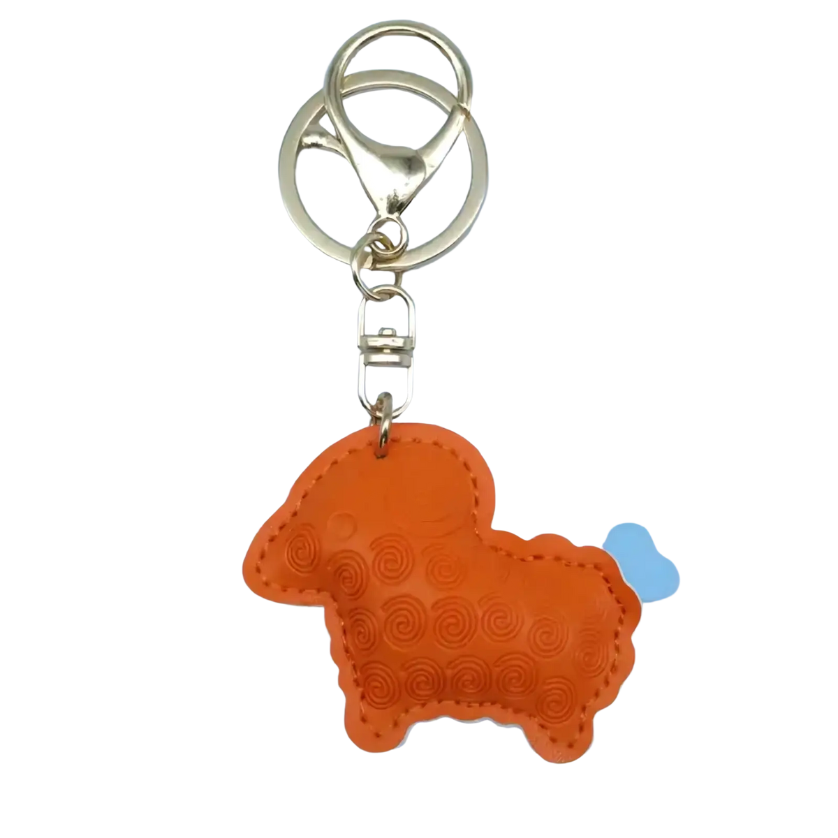 Orange pu leather sheep keychain bag charm with stitched details and metallic clasp for easy attachment