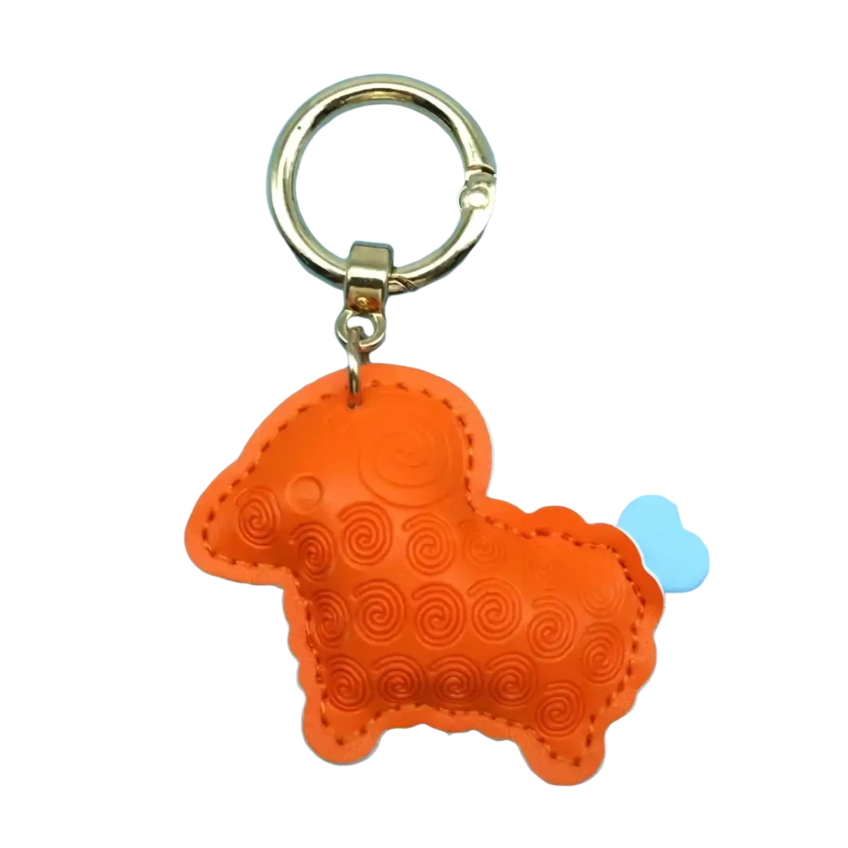 Orange pu leather sheep keychain bag charm with gold-tone metal ring and stitched spiral pattern