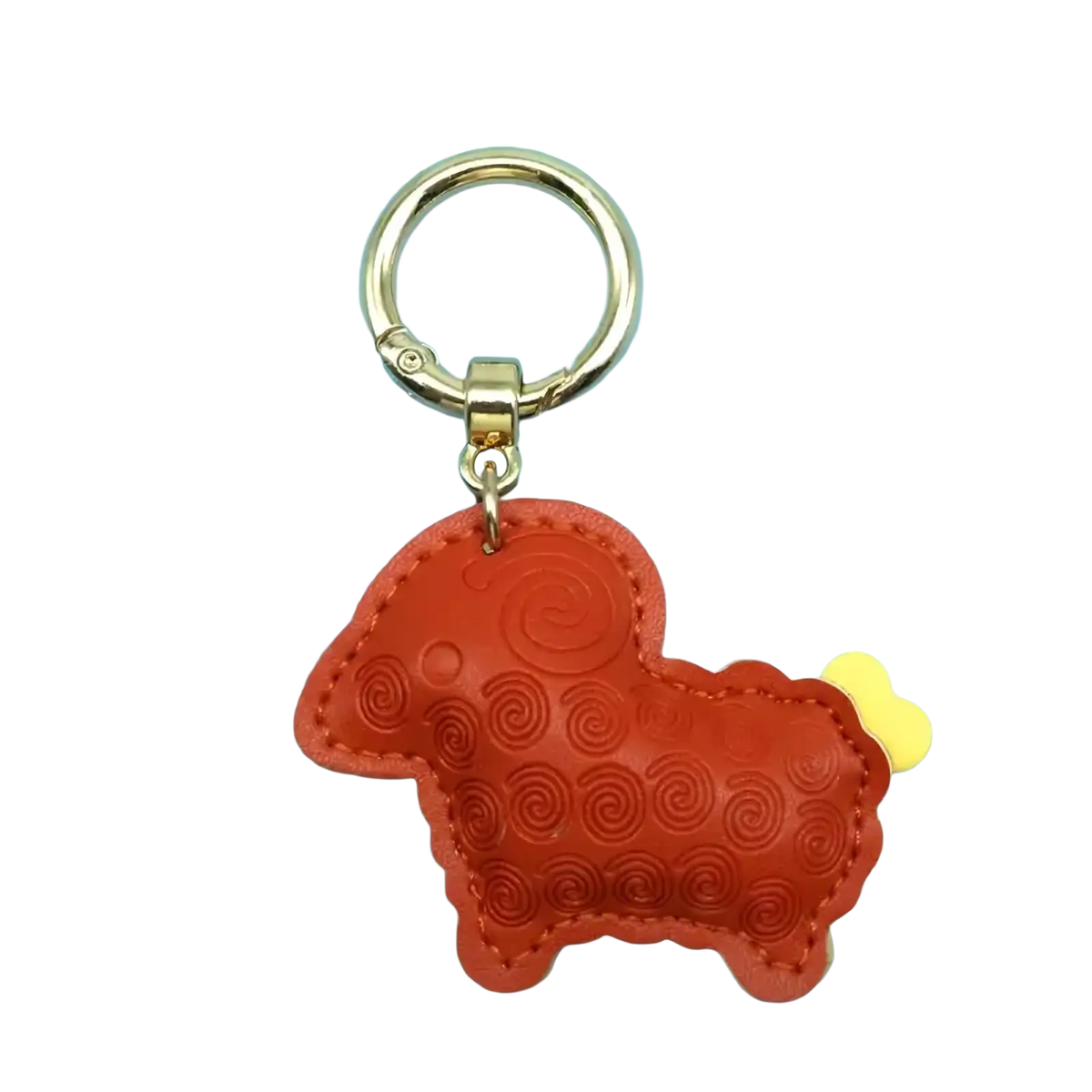 Orange pu leather sheep keychain bag charm with gold-tone metal ring and yellow bone detail