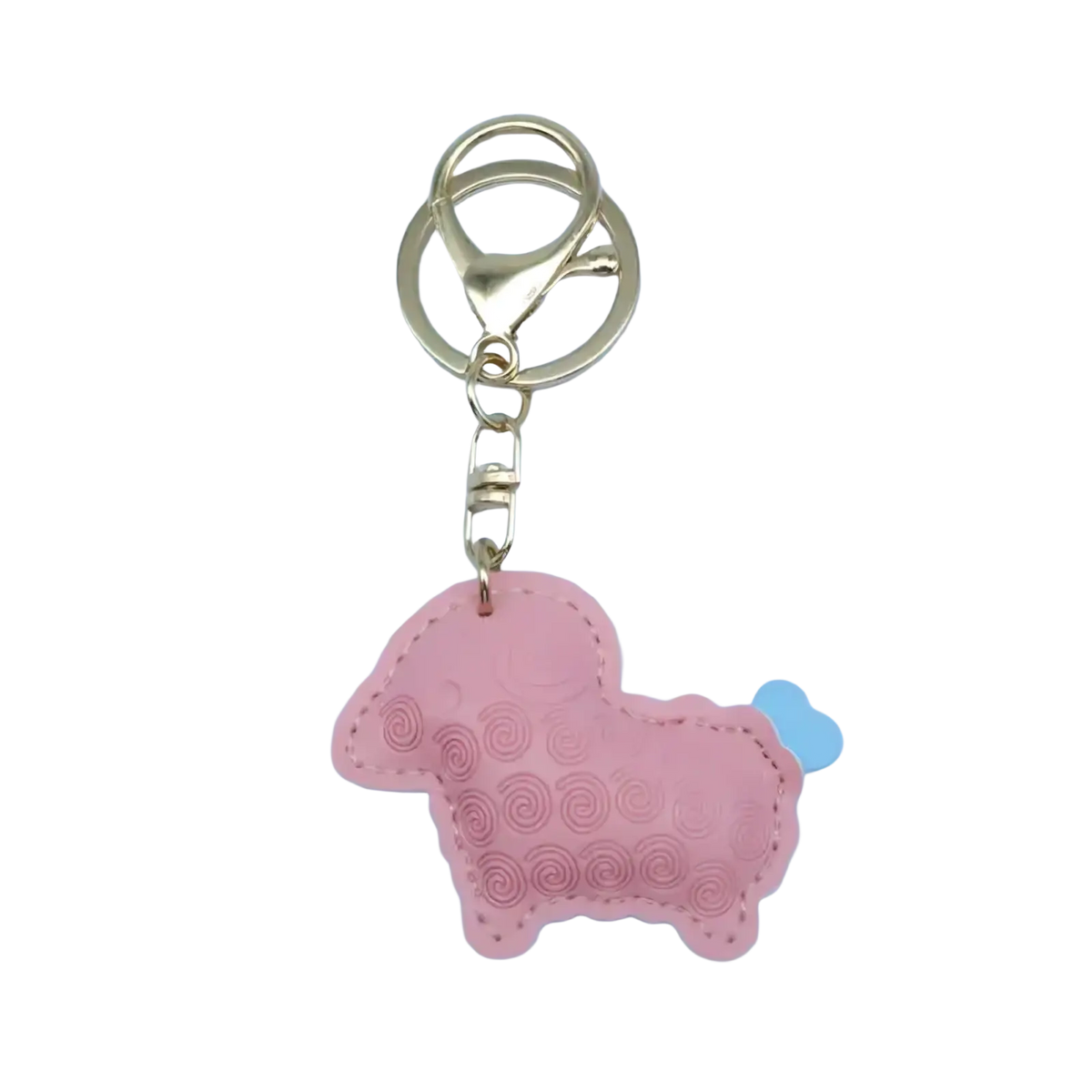 Pink pu leather lamb-shaped keychain bag charm with stitched details and gold-tone metal clasp for bags