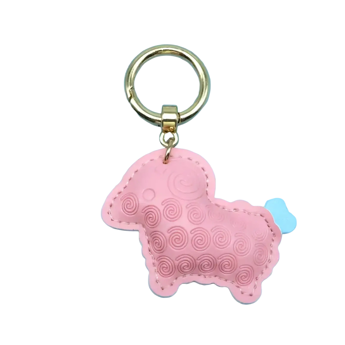 Pu leather pink lamb-shaped keychain with stitched edges and embossed spiral patterns attached to gold metal ring