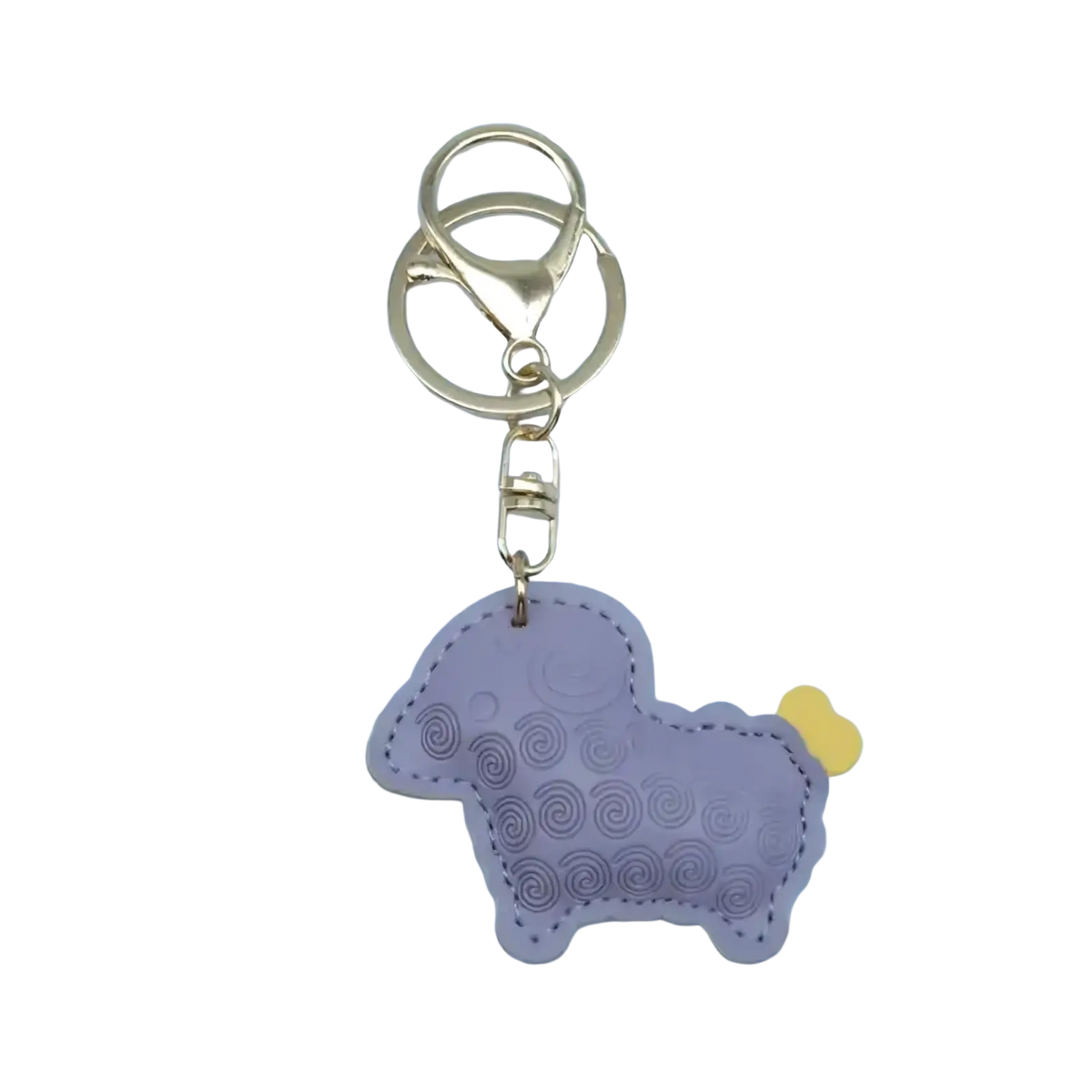 Purple pu leather sheep keychain bag charm with stitched details yellow tail and gold-tone metal clasp