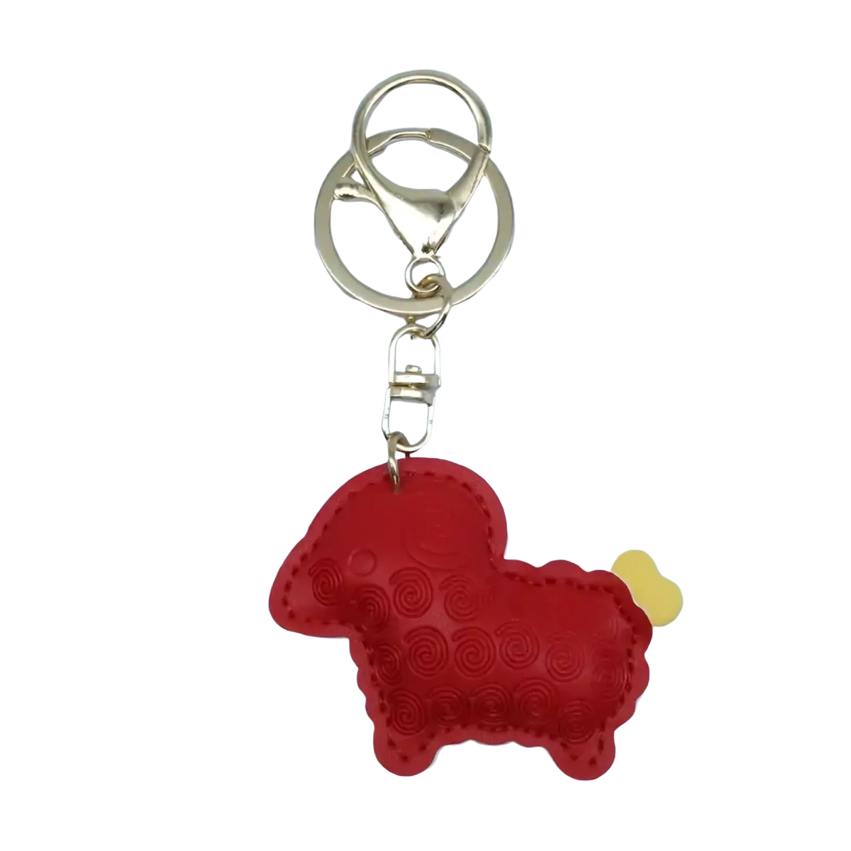Red pu leather sheep keychain bag charm with gold-tone metal clasp and small yellow tail