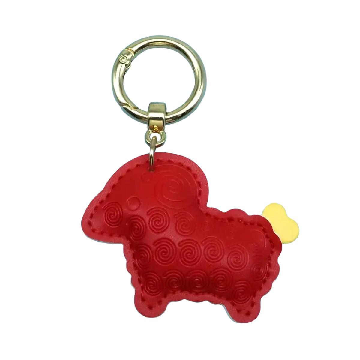 Red pu leather sheep keychain bag charm with embossed spiral pattern and yellow heart tail on gold metal ring