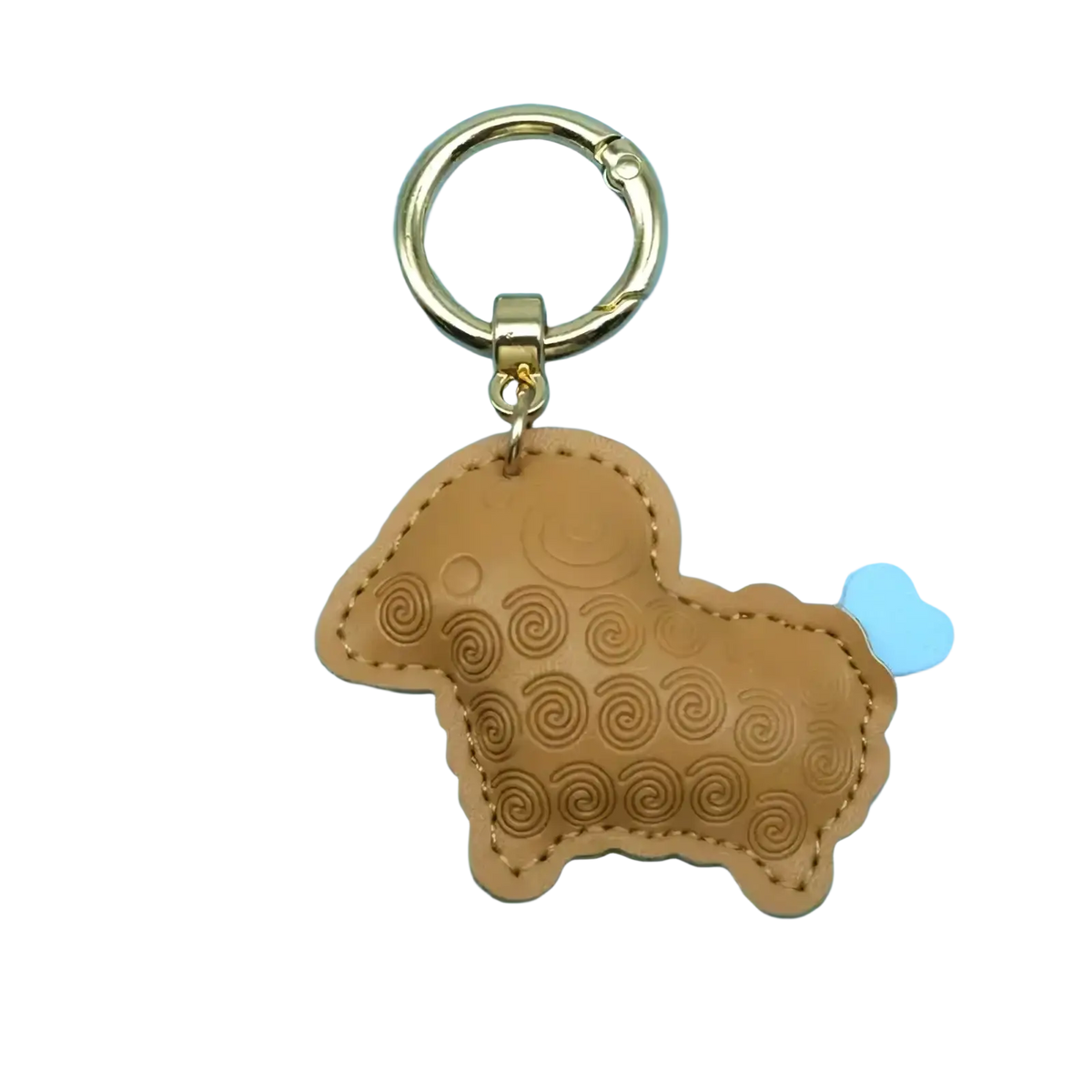 Tan pu leather sheep keychain with gold-tone metal ring and spiral embossing as a bag charm accessory