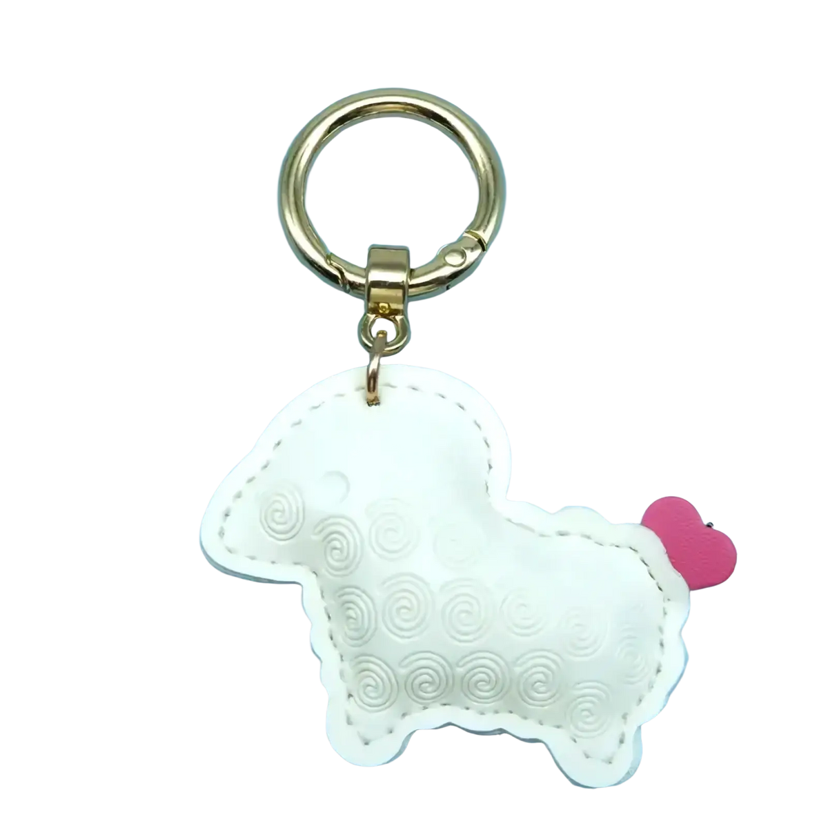 Pu leather white leather sheep keychain with gold-tone metal ring and pink heart accent bag charm