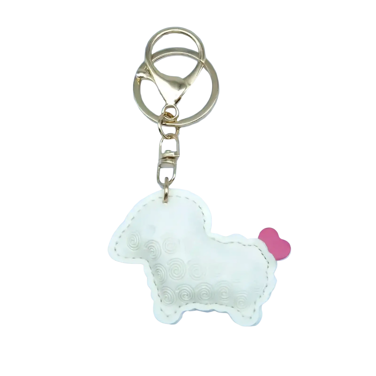 Pu leather sheep keychain bag charm featuring a white lamb shape with pink heart tail and gold-tone metal clasp
