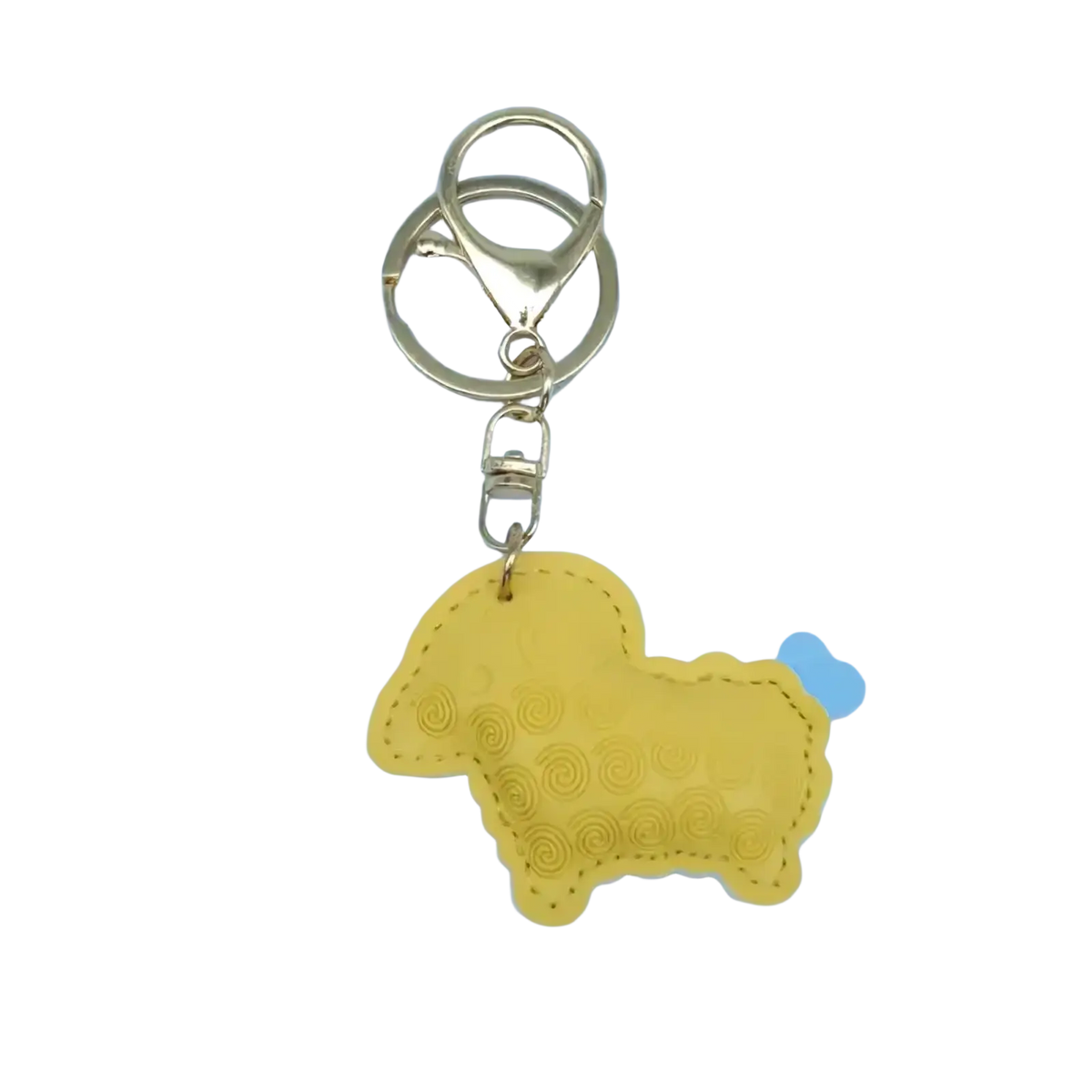 Yellow pu leather sheep keychain bag charm with stitched details and small blue tail