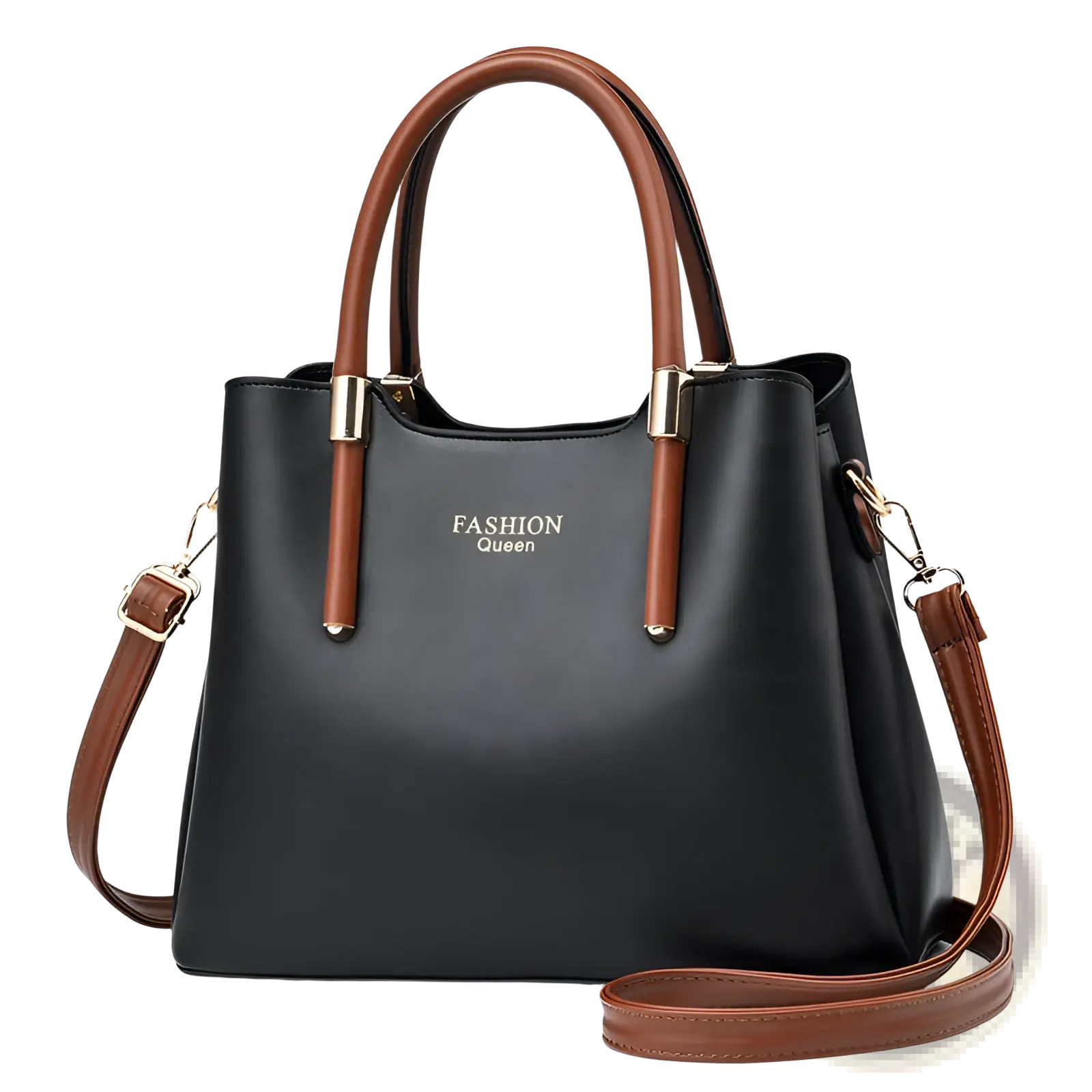 Pu leather shoulder bag in black and brown with gold-tone hardware and fashion queen logo on front with detachable strap