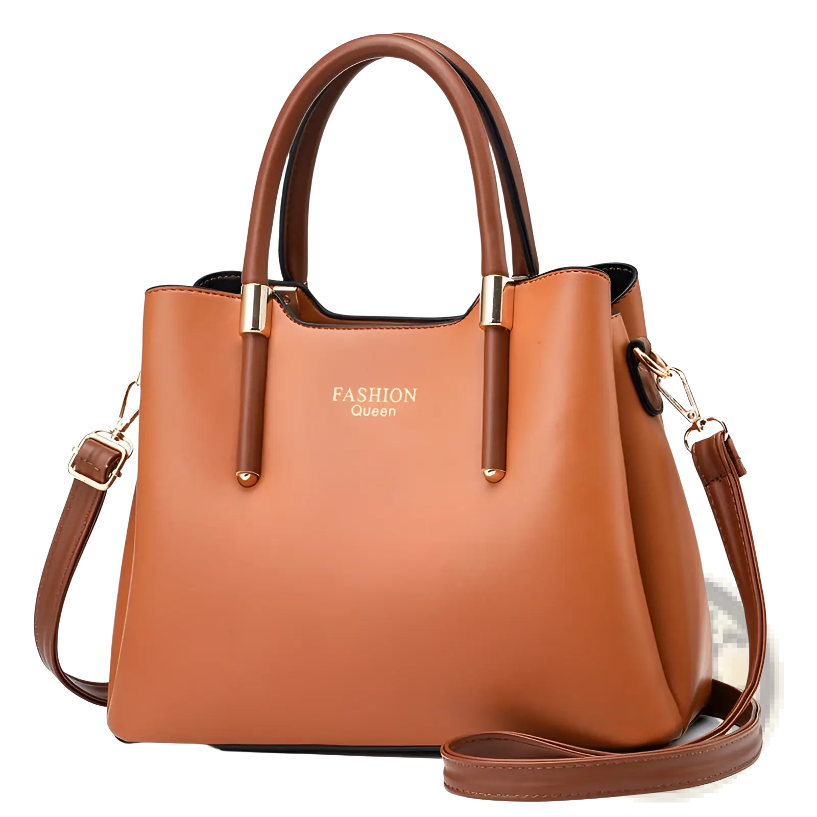 Tan pu leather shoulder bag with gold-tone hardware and detachable strap for versatile carrying options